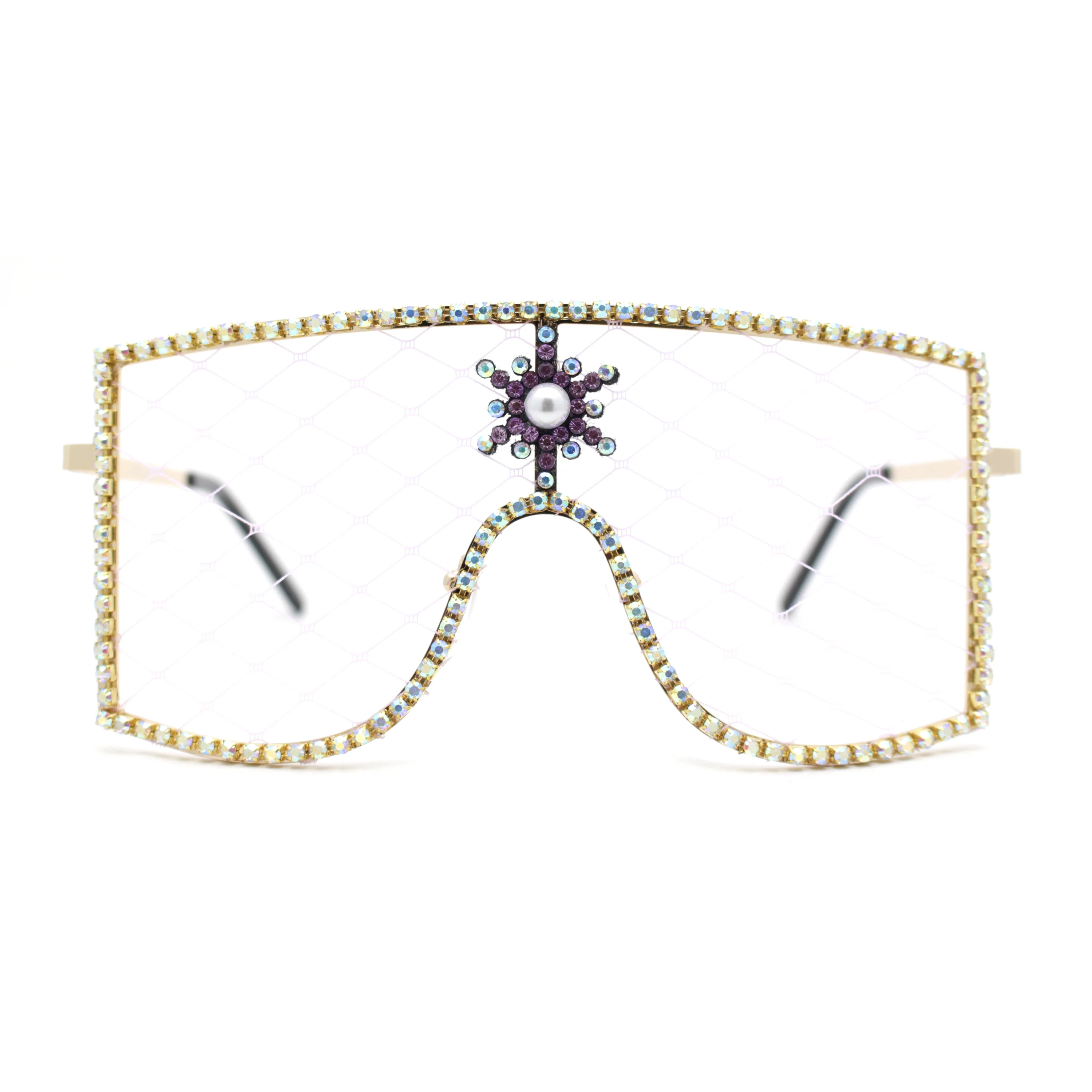 Womens Rhinestone Shield Lace Mesh Lens Luxury Metal Rim Sunglasses Gold Purple