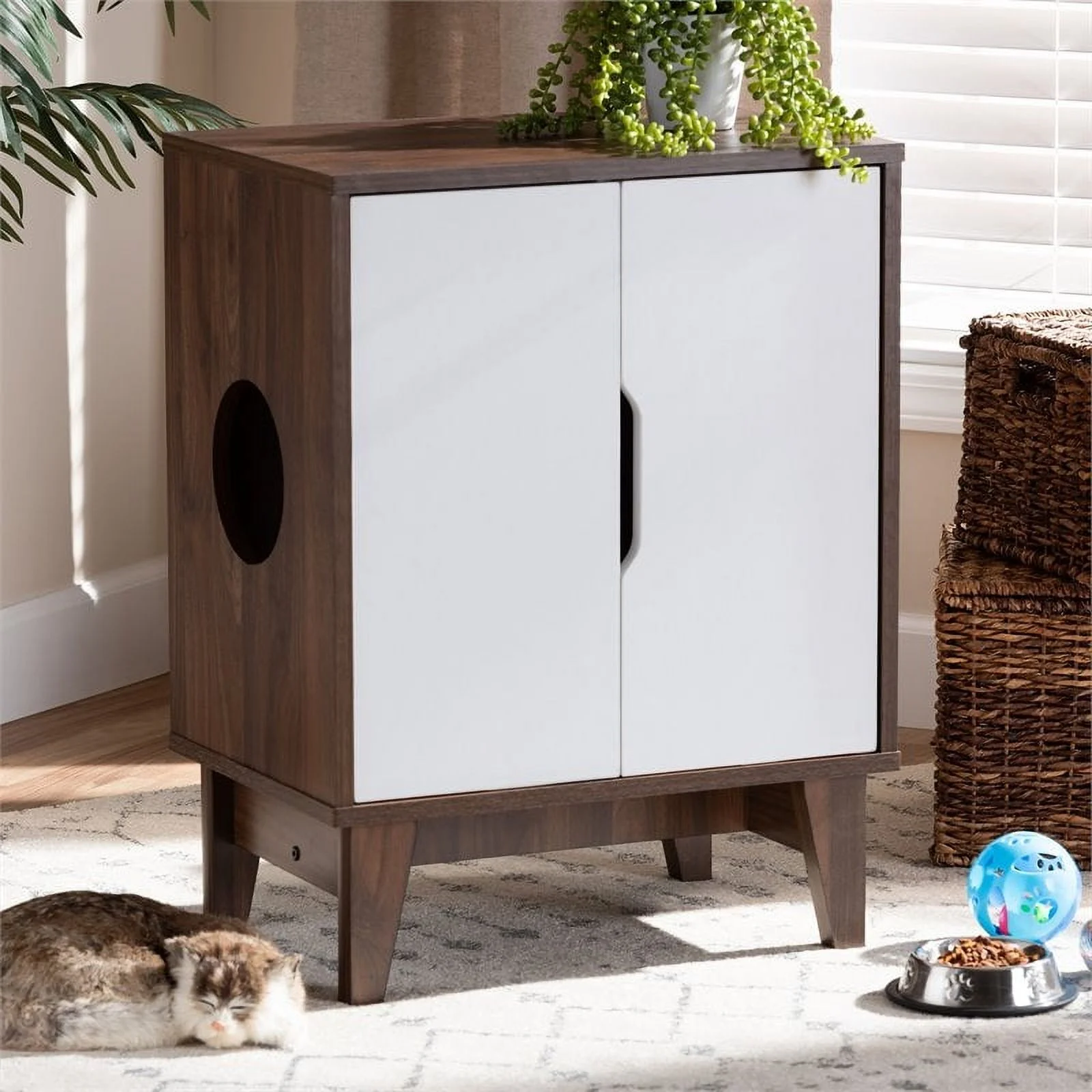 Bowery Hill Mid-Century 2-Door Engineered Wood Cat Cover House in Walnut Brown