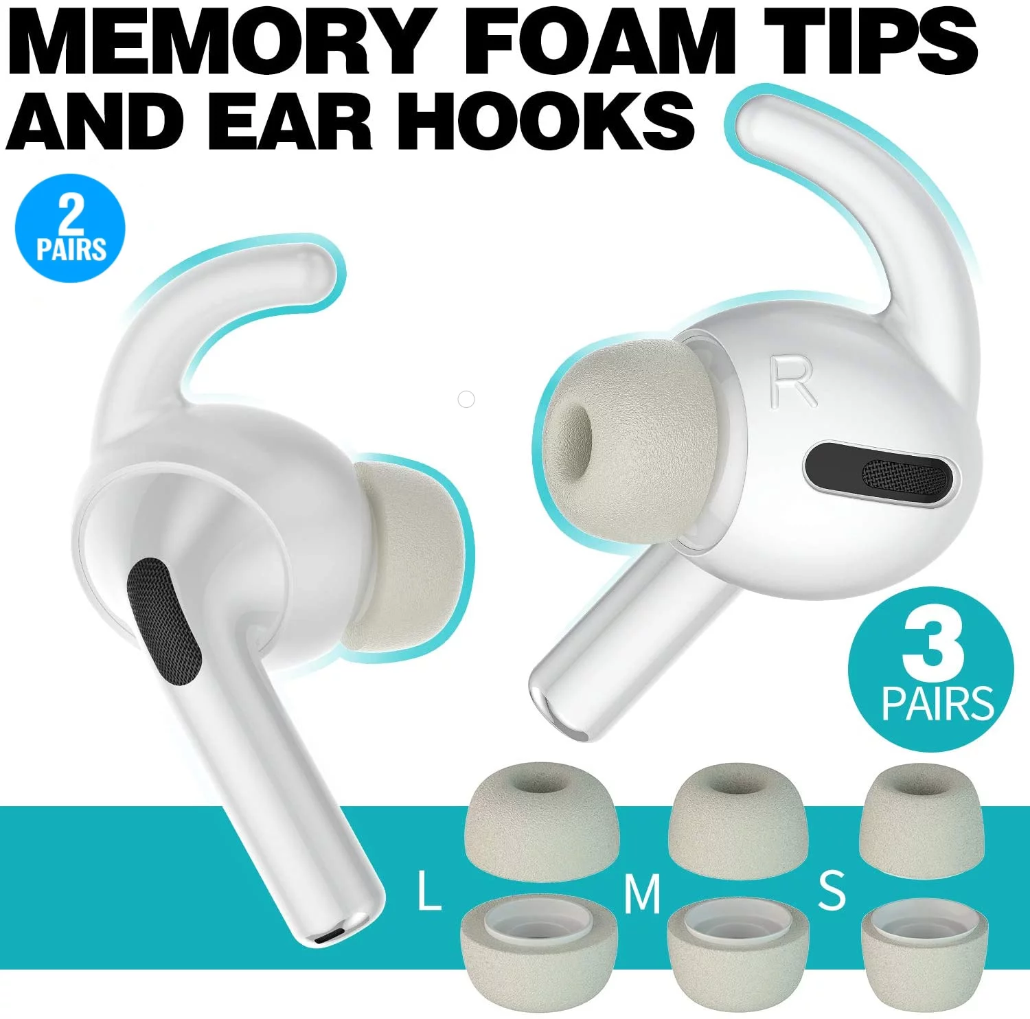 Gray Memory Foam Covers Tips and Ear Hooks for AirPods Pro Size Small, Medium, Large + 6 EarHooks