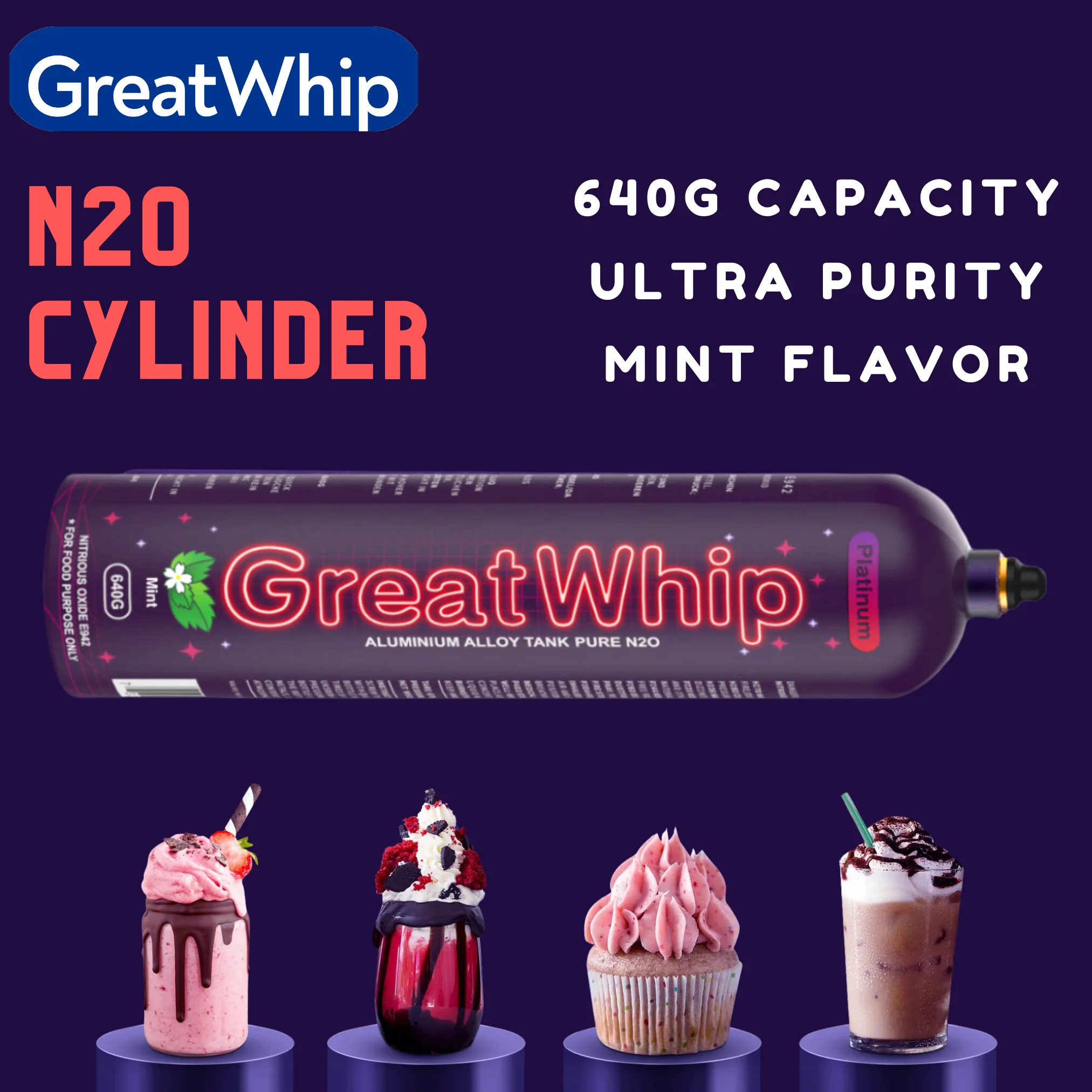 GreatWhip N2O Whipped Cream Charger Aluminium Mint Flavored Pure 640g Lightest Bottle Nitrous Oxide Tank (1 Cylinder)