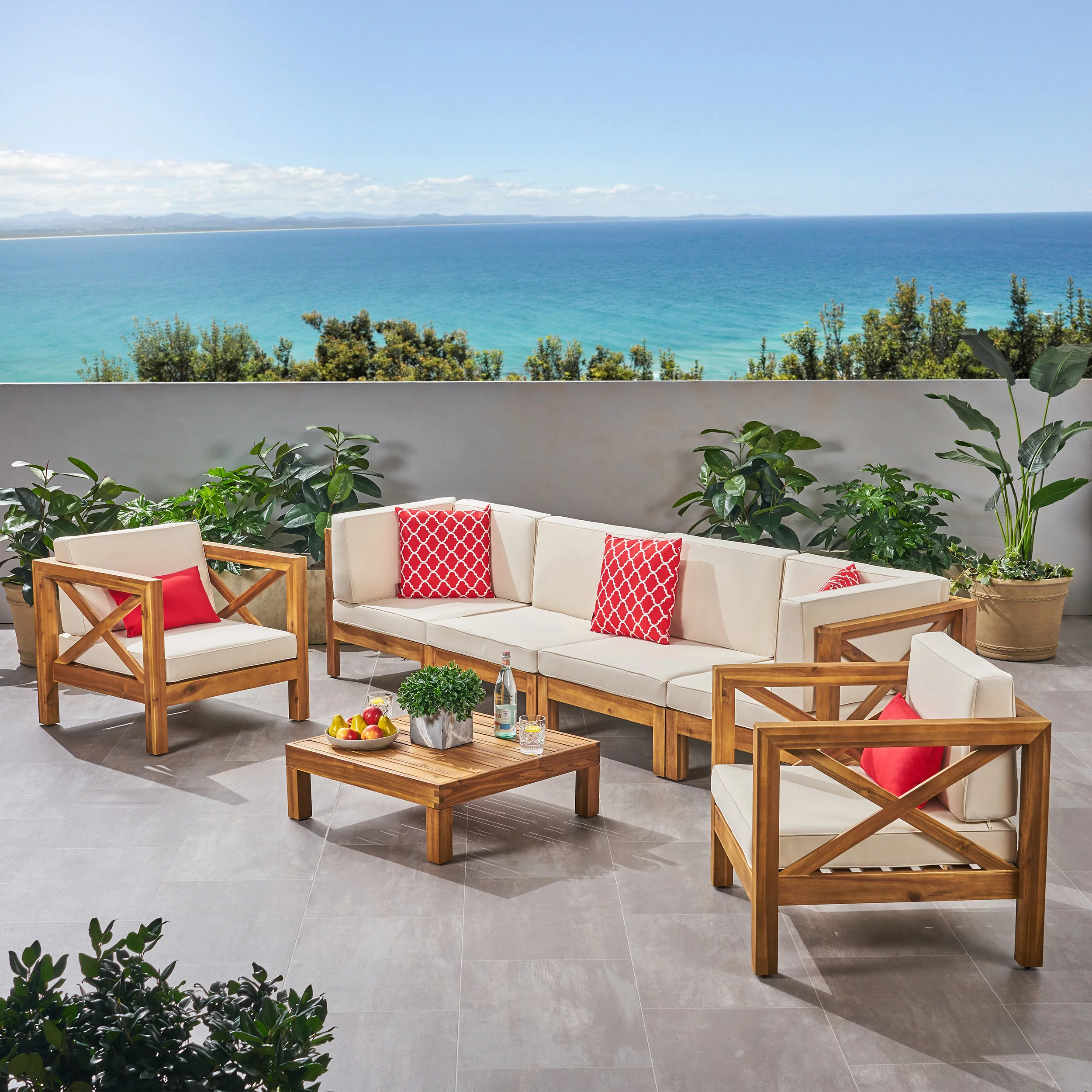 GDF Studio Keith Outdoor Acacia Wood 6 Seater Sofa Chat Set with Cushions, Teak and Beige