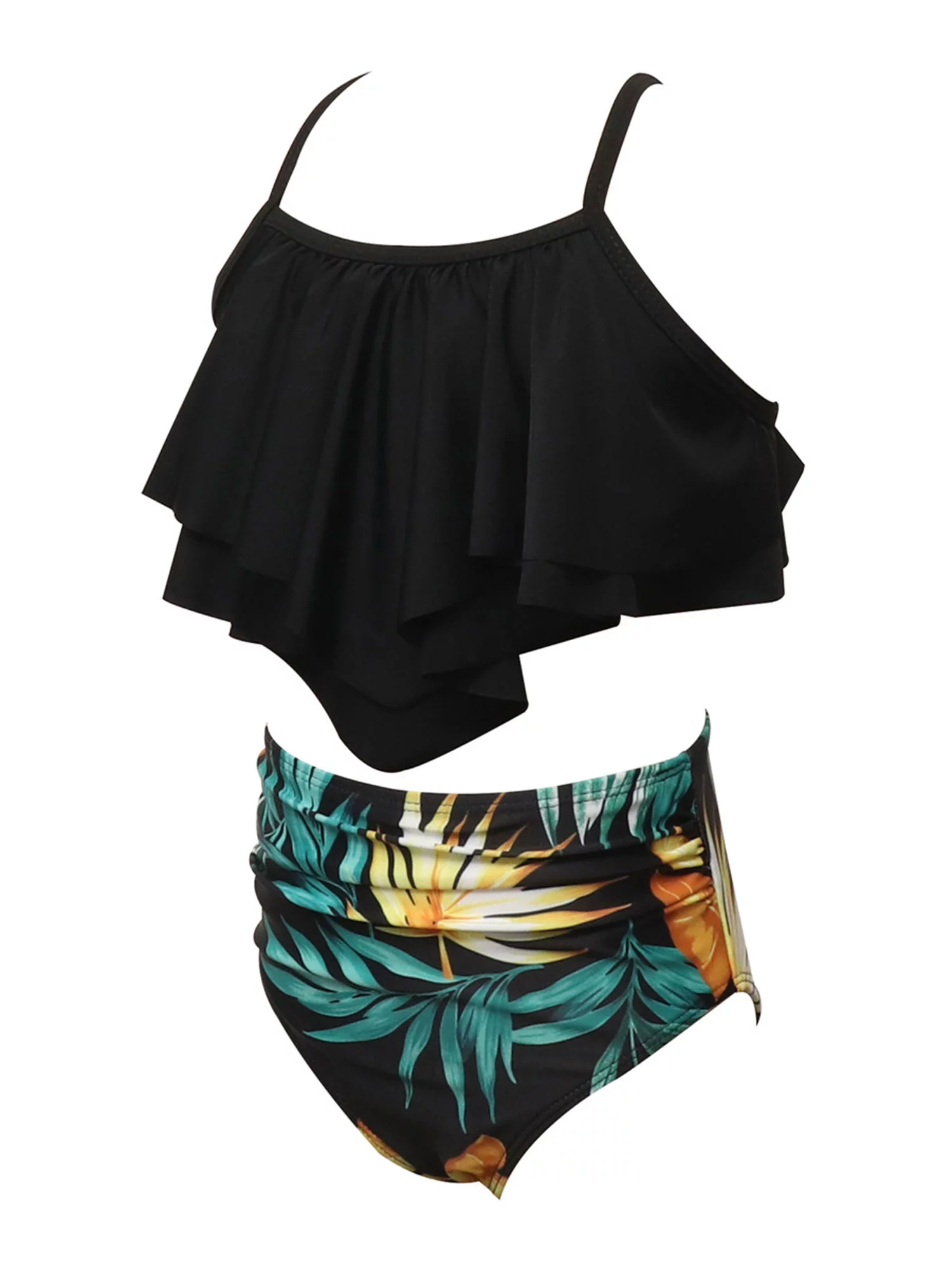 BeQeuewl 2Pcs Matching Swimsuit Leaf Print Swimwear Bikini Tankini Set Bathing Suits for Girls Women