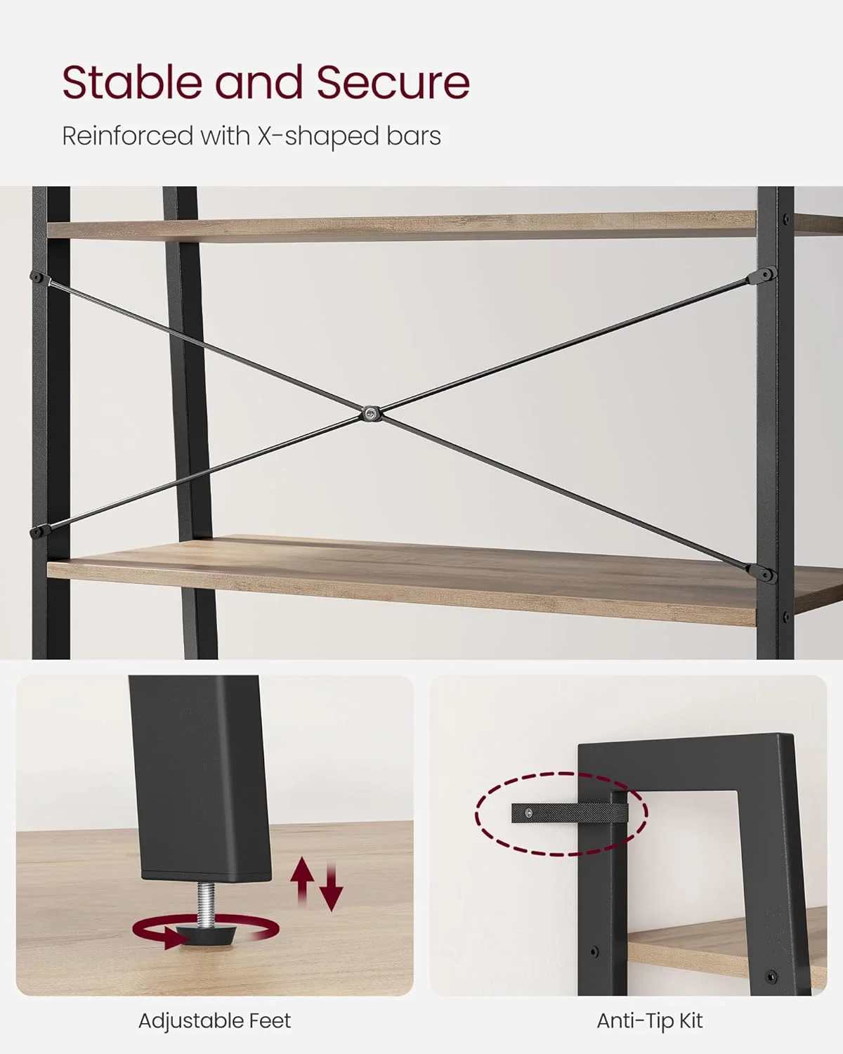 U-SHARE Ladder Shelf, 4-Tier Bookshelf, Storage Rack, Bookcase with Steel Frame, for Living Room, Home Office, Kitchen, Bedroom, Industrial Style, Camel Brown and Black ULLS144B50