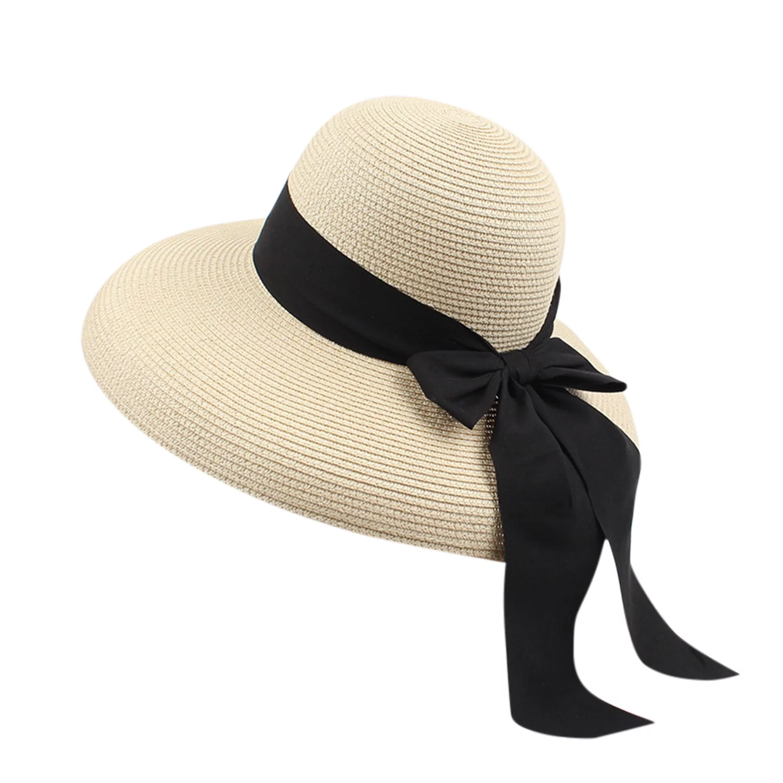 Women Fashion Summer Bow Straw Foldable Hat Beach Sun Protection Hats Caps(Beige)