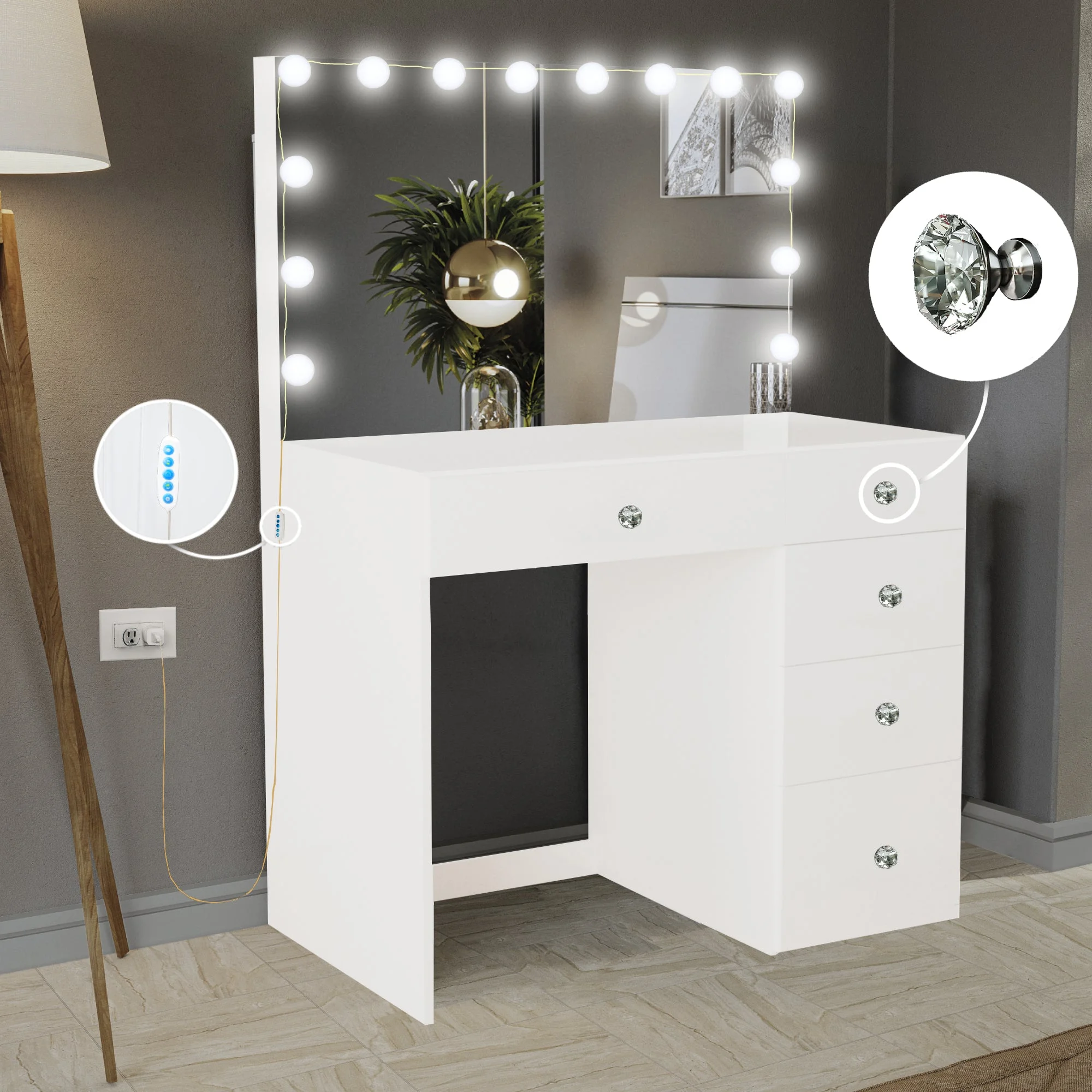 Boahaus Amelia PRO Modern Vanity Desk with 5 Drawers, Lights, Crystal Knobs, Wide Mirror, White