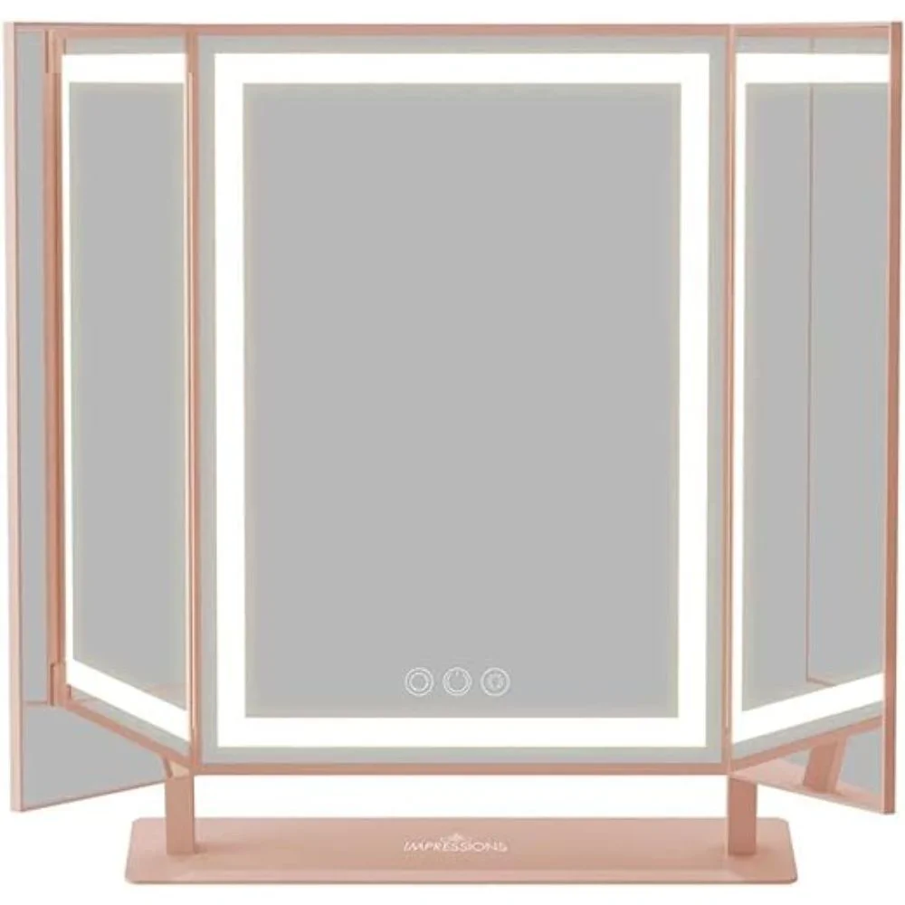Impressions Vanity Lavish Trifold LED Tri Tone Makeup Mirror, 360 Degree Tilt Desk Mirror (Rose Gold)