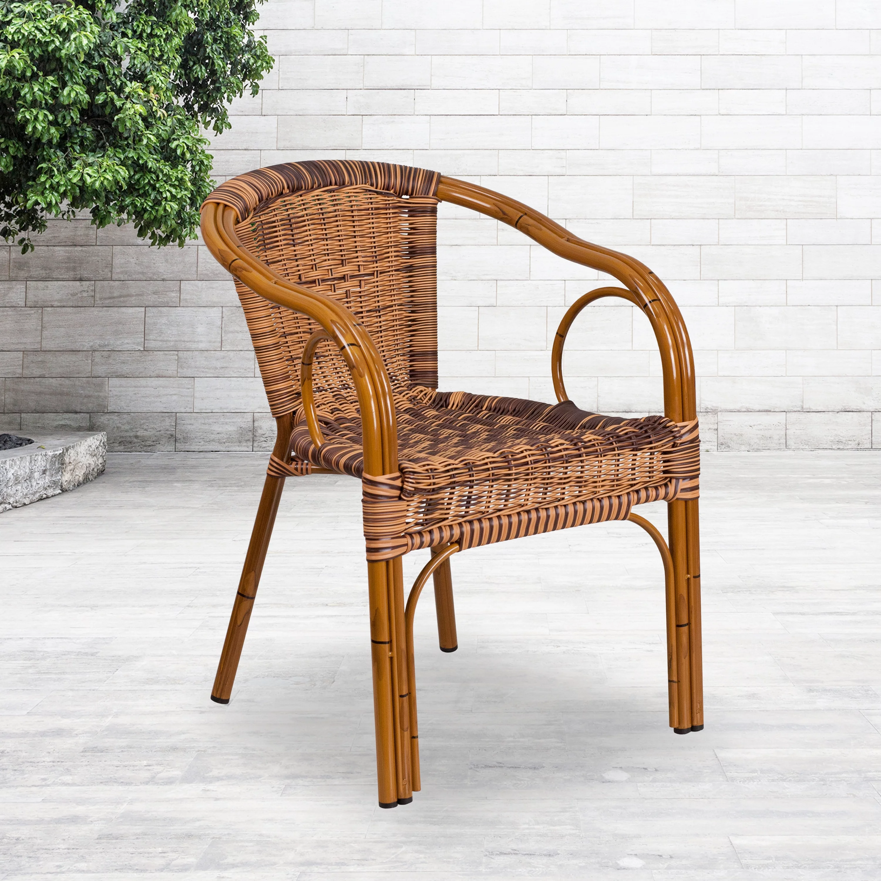 BizChair 3 Pack Burning Brown Rattan Restaurant Patio Chair with Dark Red Bamboo-Aluminum Frame