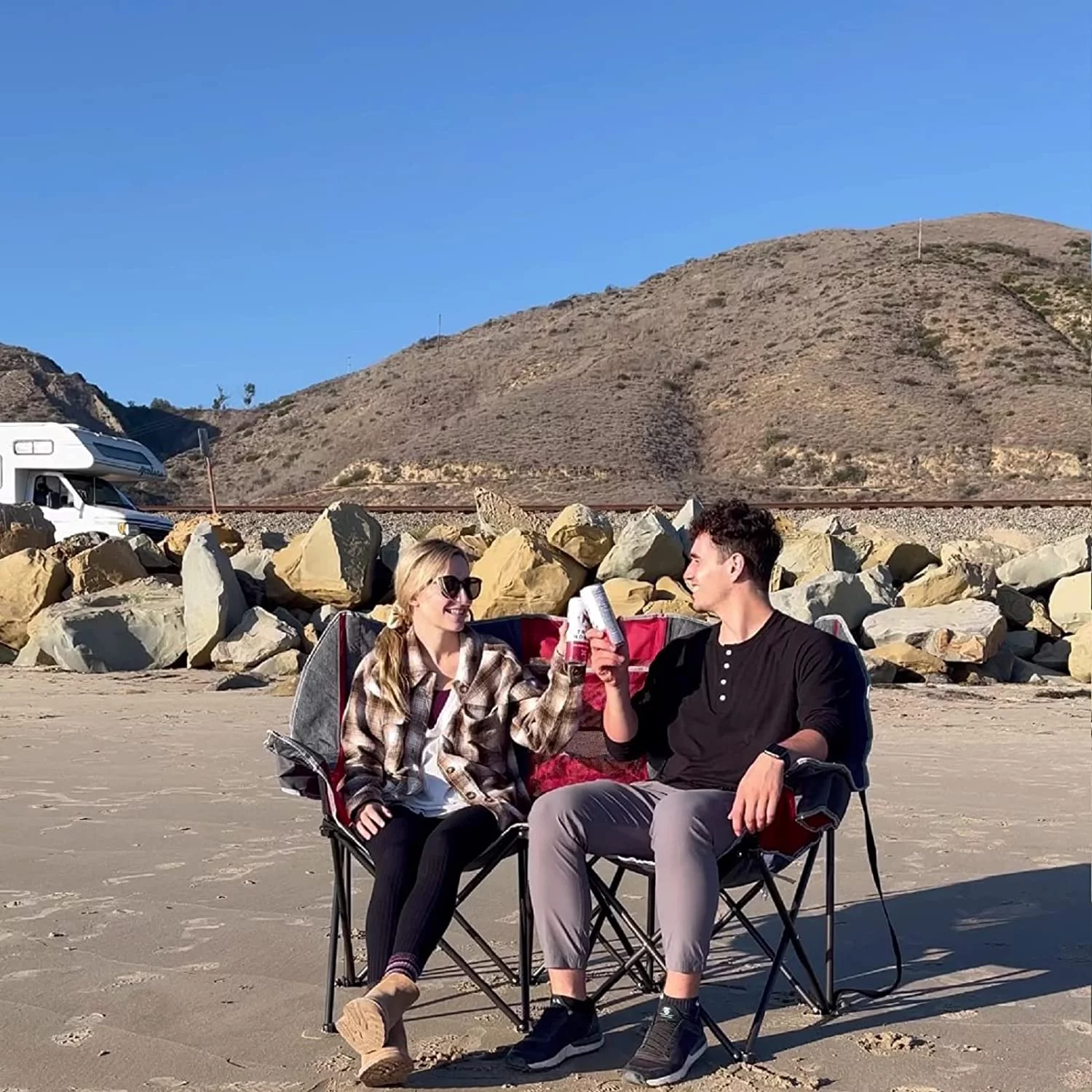 SunnyFeel Double Camping Chair Folding Loveseat Oversized for 2 Person (Gray)