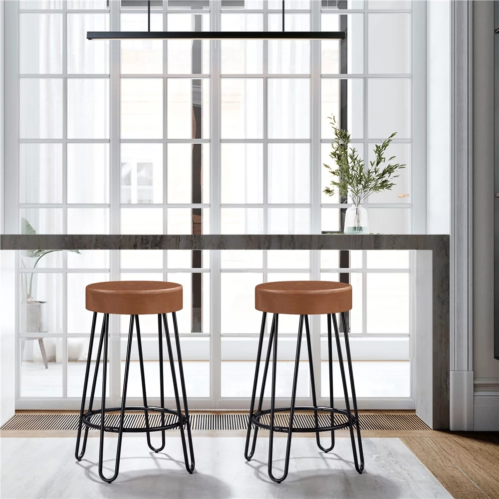Smile Mart Upholstered Faux Leather Counter-Height Barstool, Set of 2, Retro Brown