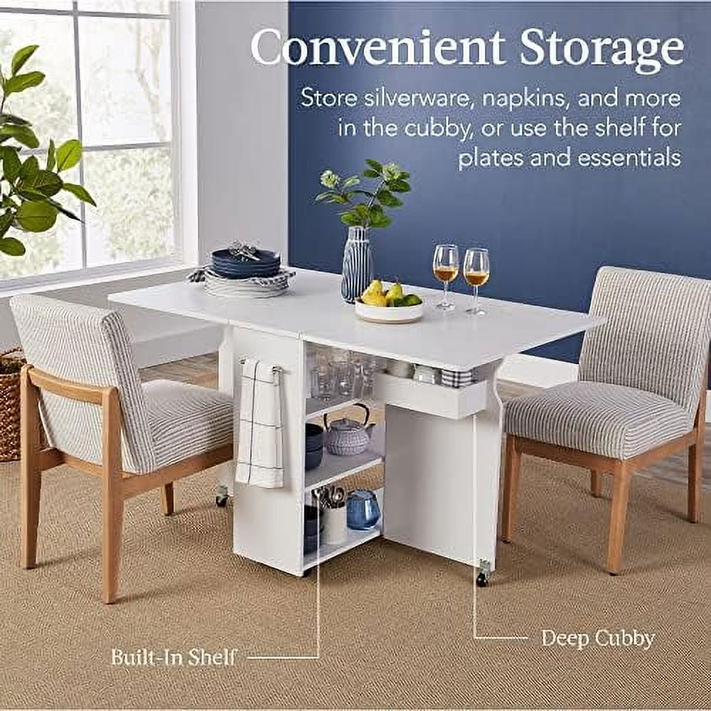STVBG Folding Dining Table  Multipurpose Collapsible Drop Leaf Extension  Versatile Space Saving Desk  w/Wheels  3  Shelves  Metal Handle - White