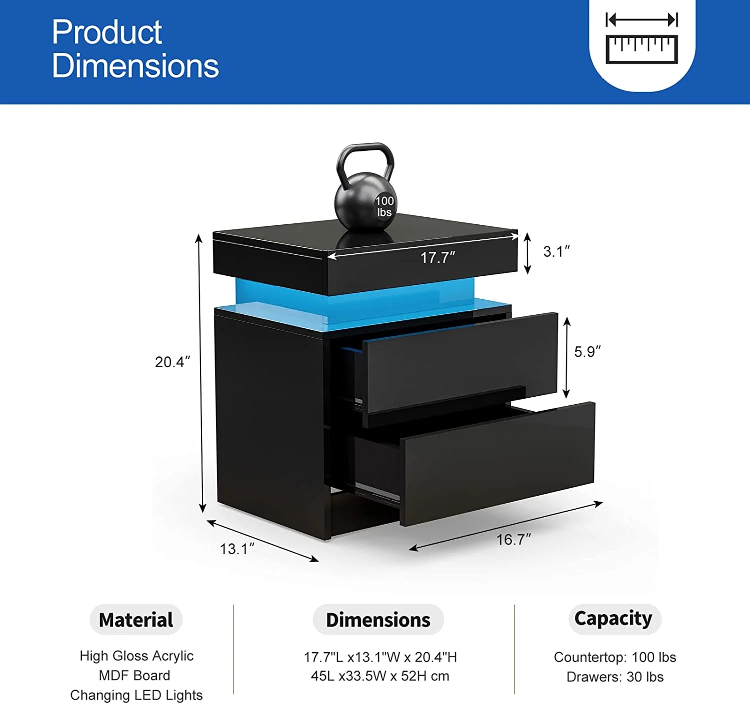 IKIFLY Black Modern LED Nightstand with 2 Drawers/High Gloss Bedside Tables with Changing LED Lights/End Side Table for Bedroom Living Room Furniture - Black