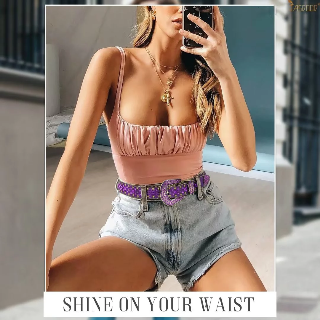 JASGOOD Rhinestone Belts for Women Western Cowgirl Diamond Leather Purple Belt for Dresses Jeans