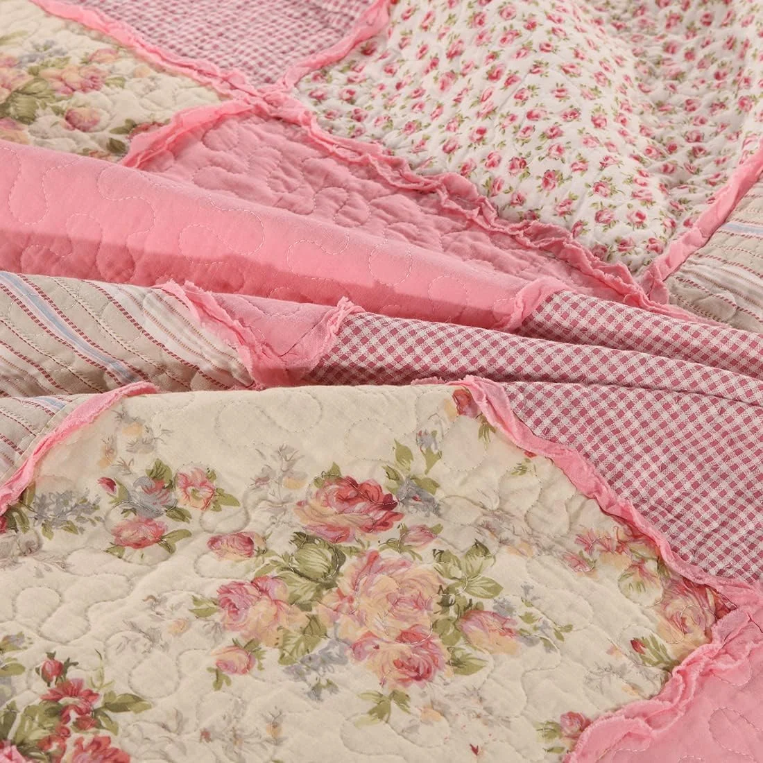 vctops 3 Piece Embroidered Floral Quilted Bedspread Quilt Set 100% Cotton Reversible Patchwork Coverlet Set 1 Quilt and 2 Pillow Shams (Green Queen)