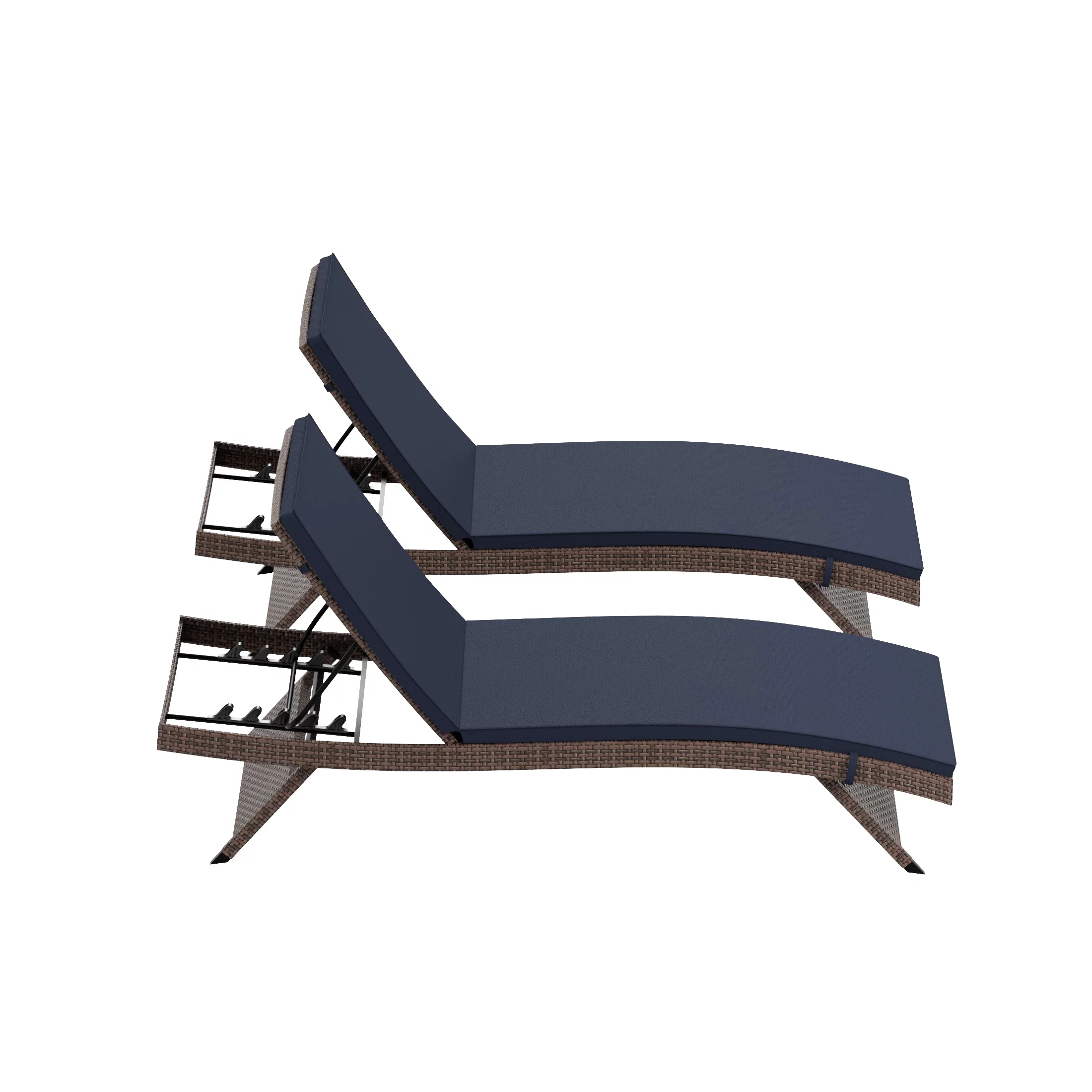 WestinTrends Somerset Wicker Outdoor Lounge Chairs Set of 2, All Weather PE Rattan Brown Double Chaise Lounge with Cushion, Curved Seat, 5 Position Recliner, Navy Blue