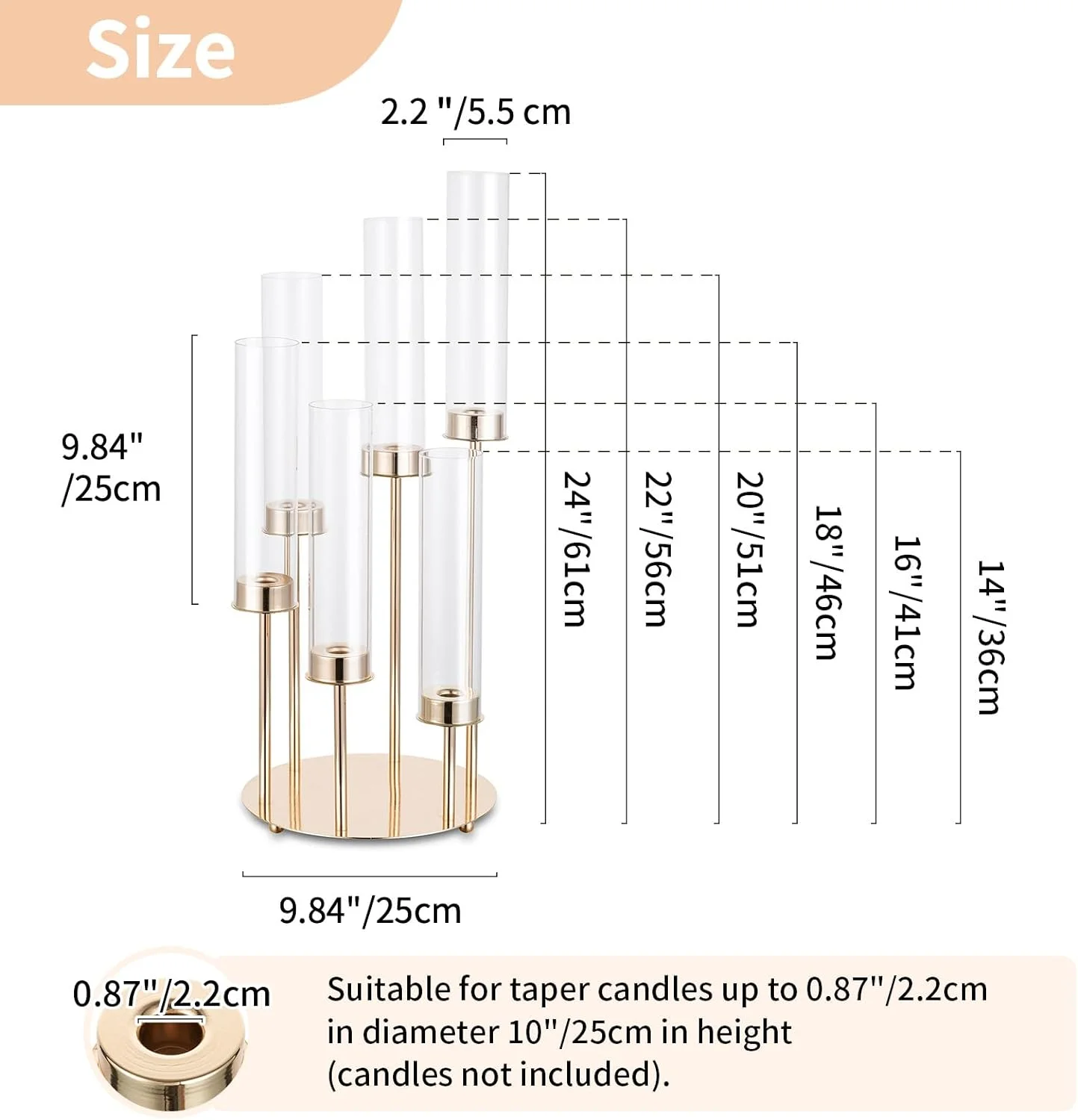 Hurricane Glass Candle Holders 6 Arm Gold Metal Candlestick Candelabra with Removable Clear Cylinder Sleeve 24 inch Taper Holder