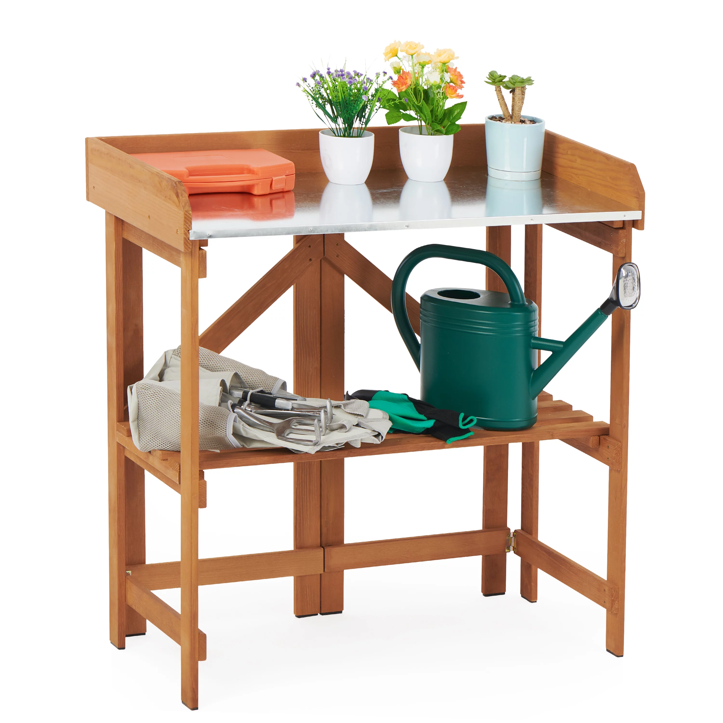 Foldable Potting Bench W/ Matel Top, Tool-Free Wood Garden Work Station Table W/ Storage Shelf, Brown
