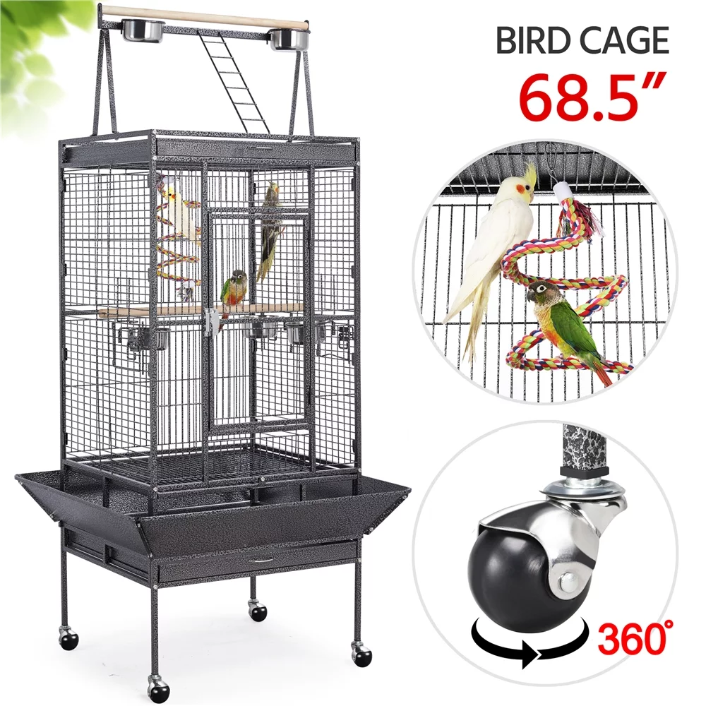Topeakmart 68.5'' Play Top Parrot Cage Metal Rolling Birdcage, Black