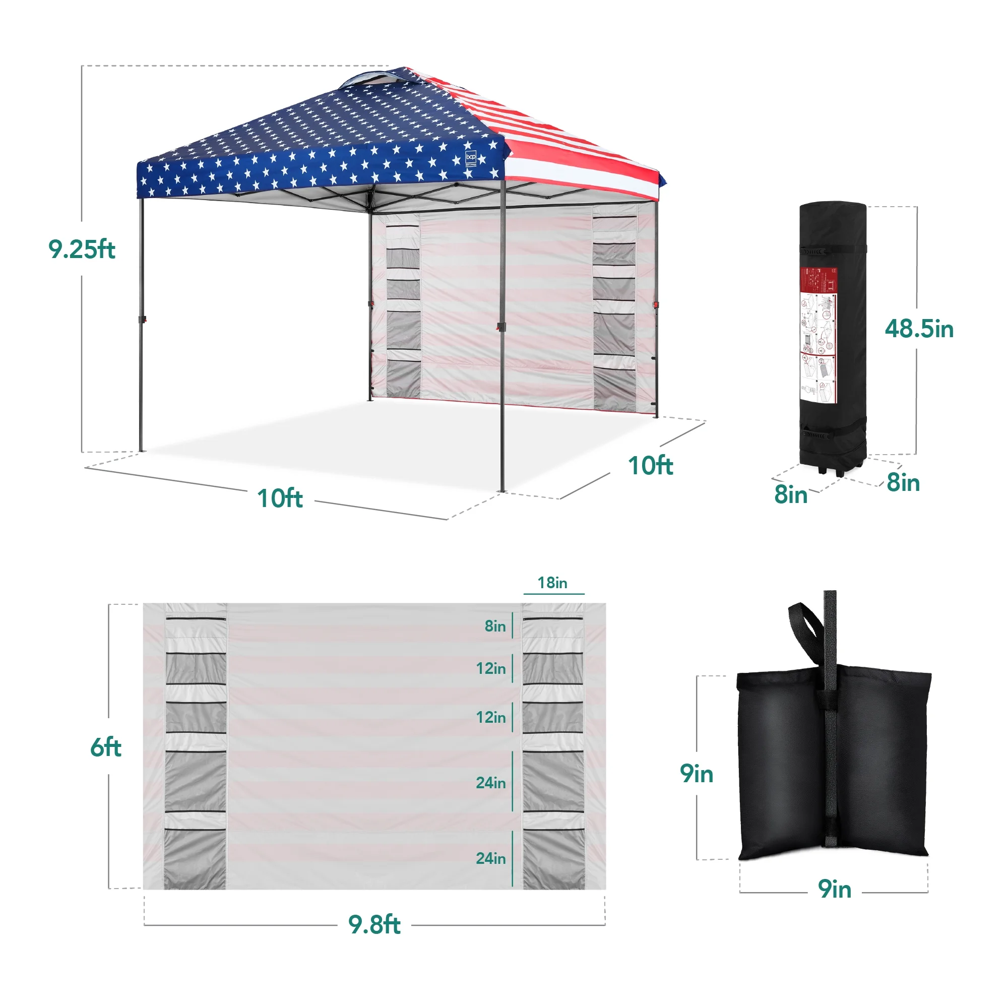 Best Choice Products 10x10ft Easy Setup Pop Up Canopy, Portable Tent w/ Side Wall, 1-Button Push, Case - American Flag