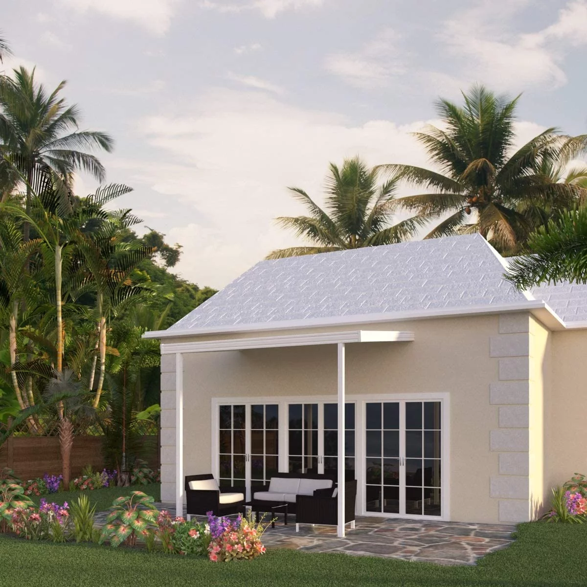 Four Seasons OLS TWV Series 12 ft wide x 8 ft deep Aluminum Patio Cover with 20lb Snowload & 2 Posts in White