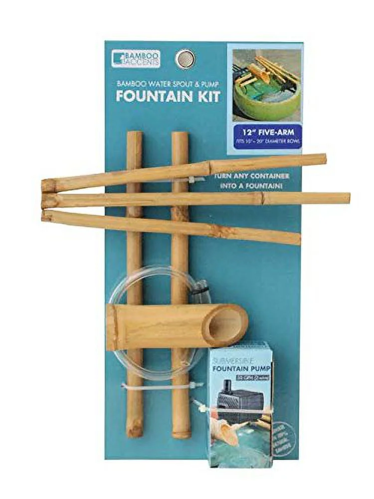 Bamboo Accents Low-Profile Water Fountain for Garden, Indoor/Outdoor Fountain, 12” Wide Five-Arm Style Base, Smooth Split Resistant Bamboo Fits 10