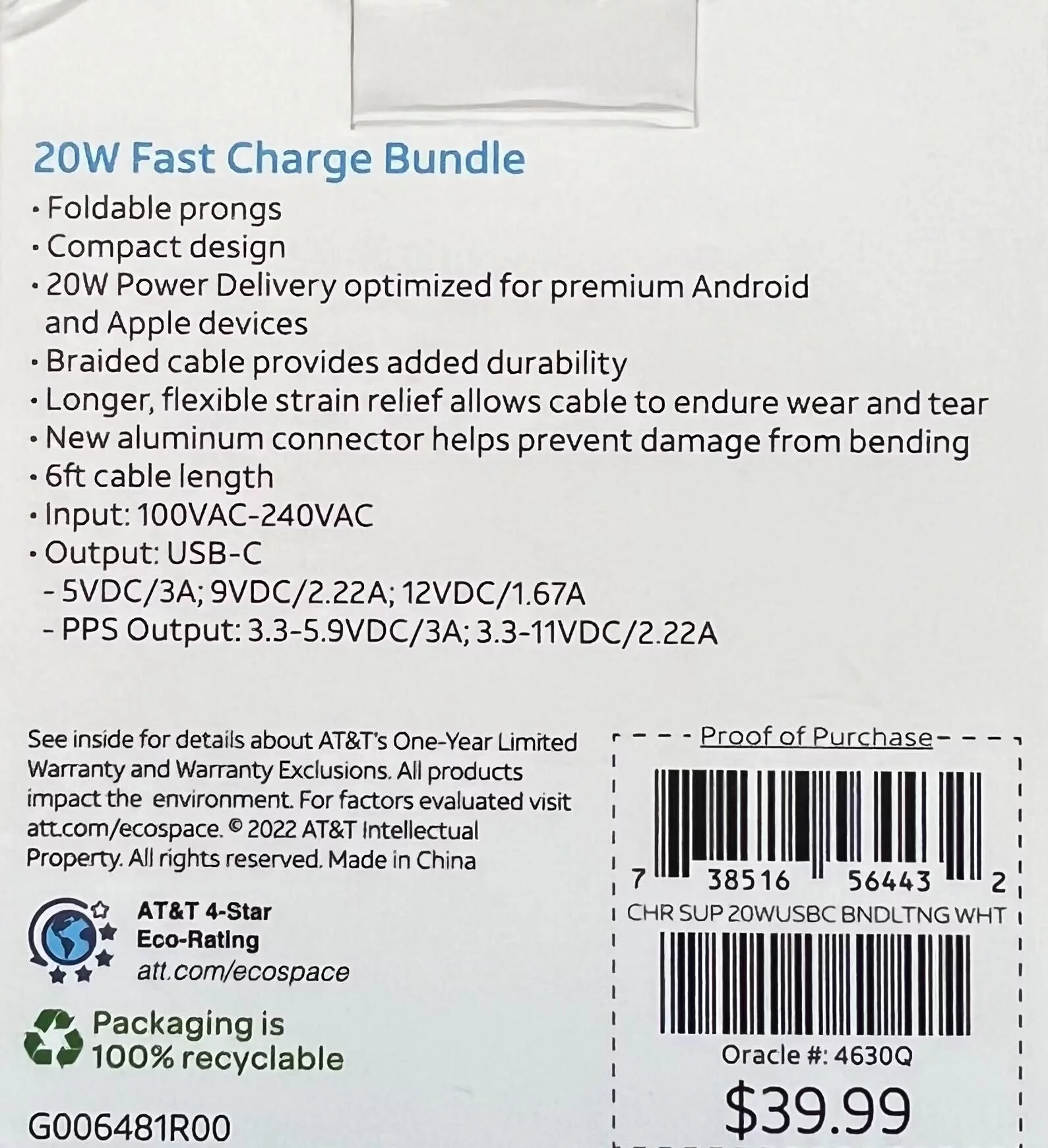 AT&T Fast Charge Bundle Lightning Cable with 20W USB-C Power Delivery Wall Block - White