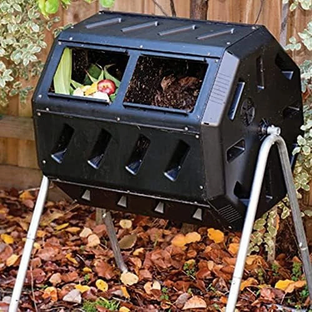 37 Gallon Plastic Dual Chamber Tumbling Composter Outdoor Elevated Rotating Garden Compost Bin With Wheels, Black/Black