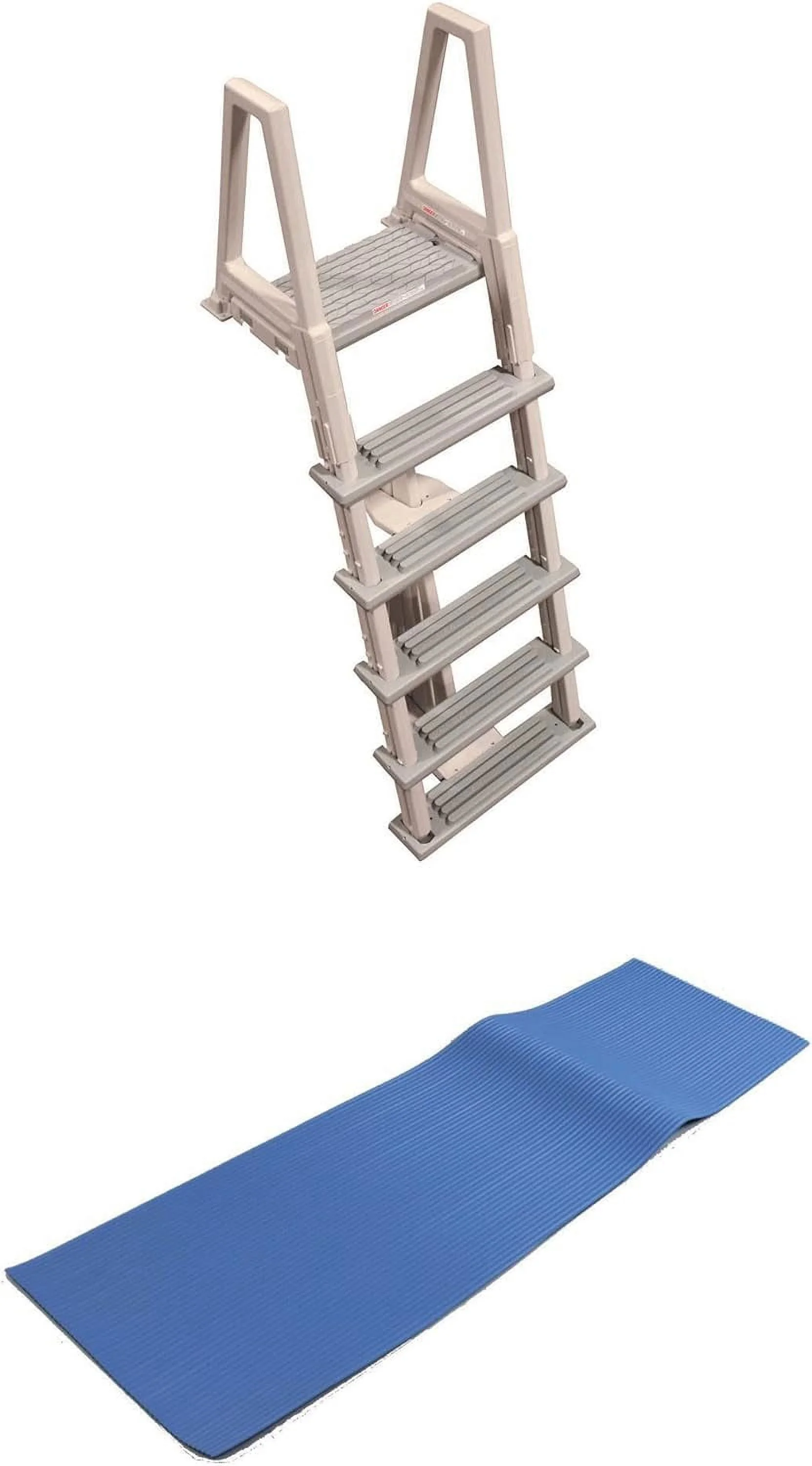 Heavy Duty Adjustable Above Ground In Pool Swimming Pool Ladder With Deck Platform, White Side Rails, And Grey Treads, Blue