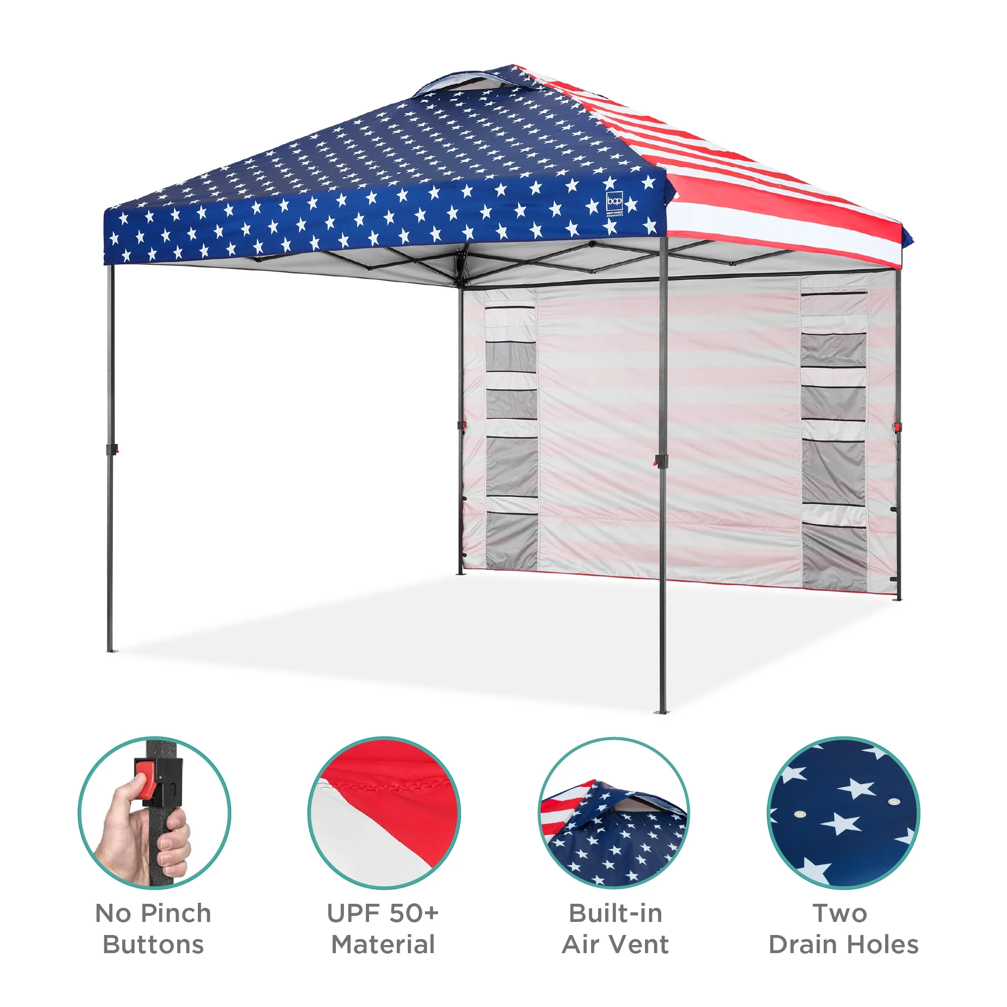 Best Choice Products 10x10ft Easy Setup Pop Up Canopy, Portable Tent w/ Side Wall, 1-Button Push, Case - American Flag