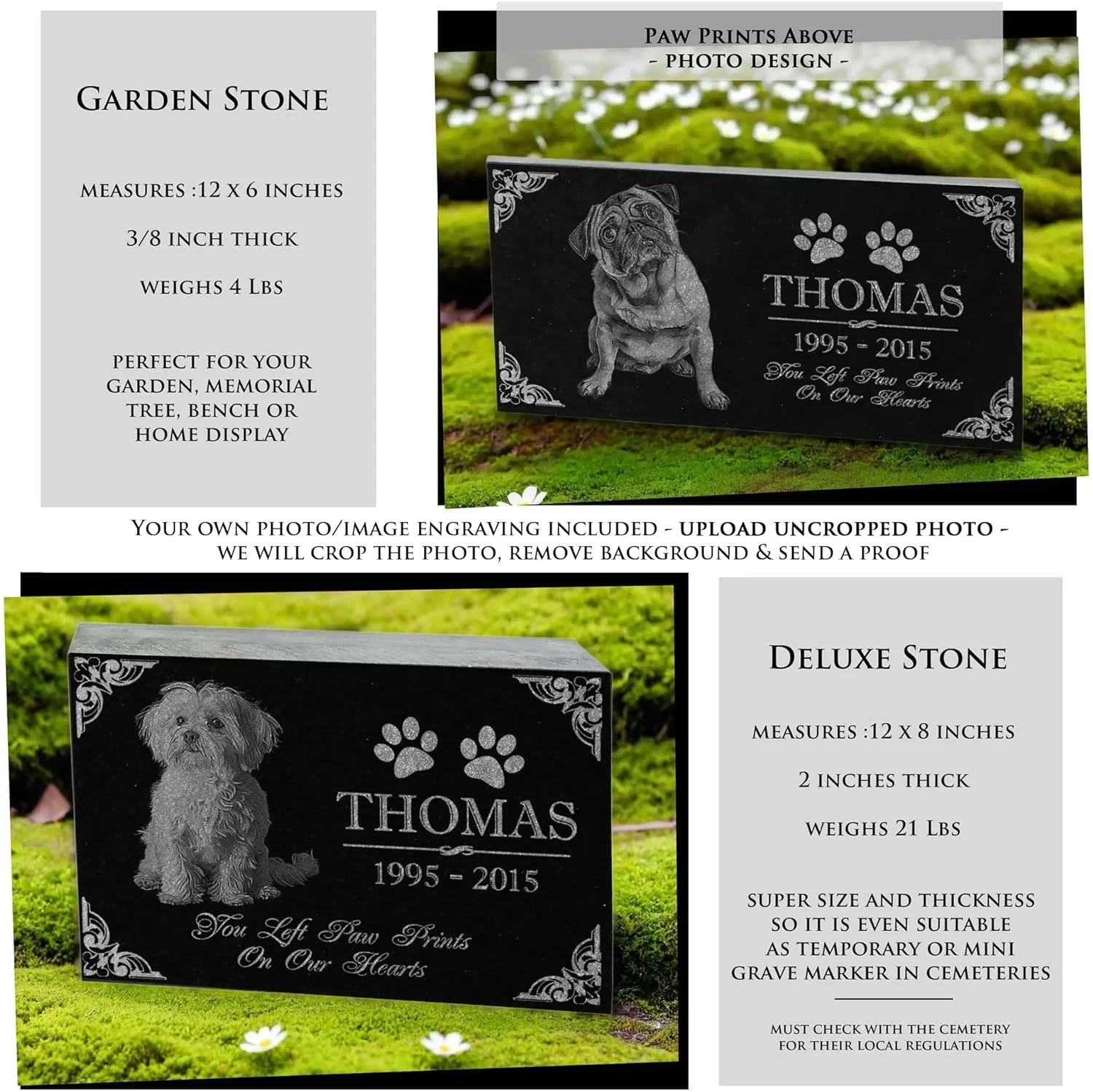 You Left Paw Prints on Our Hearts Pet Memorial Stones Personalized Headstone Grave Marker Absolute Black Granite Garden Plaque Engraved with Dog Cat Name Dates