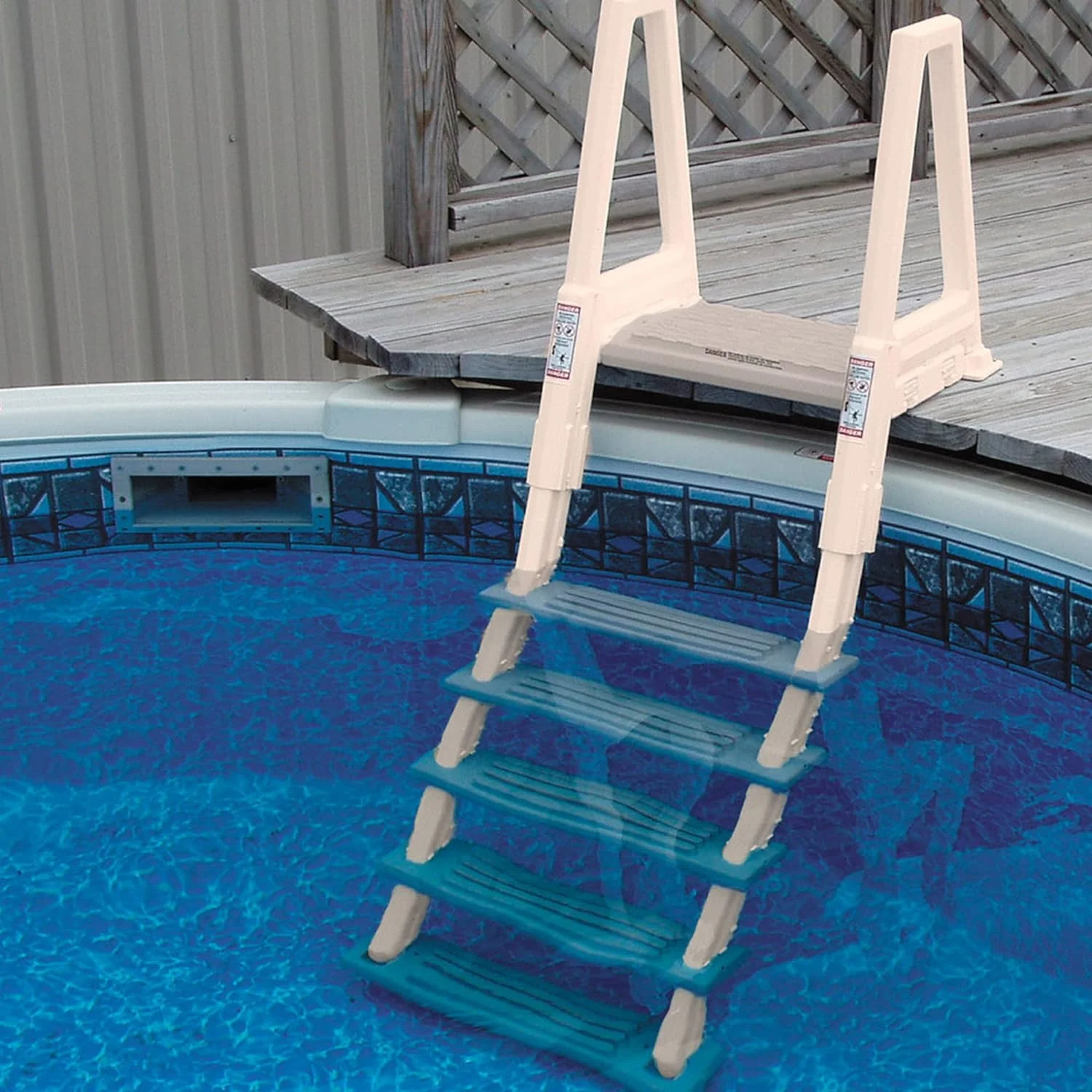 Heavy Duty Adjustable Above Ground In Pool Swimming Pool Ladder With Deck Platform, White Side Rails, And Grey Treads, Blue