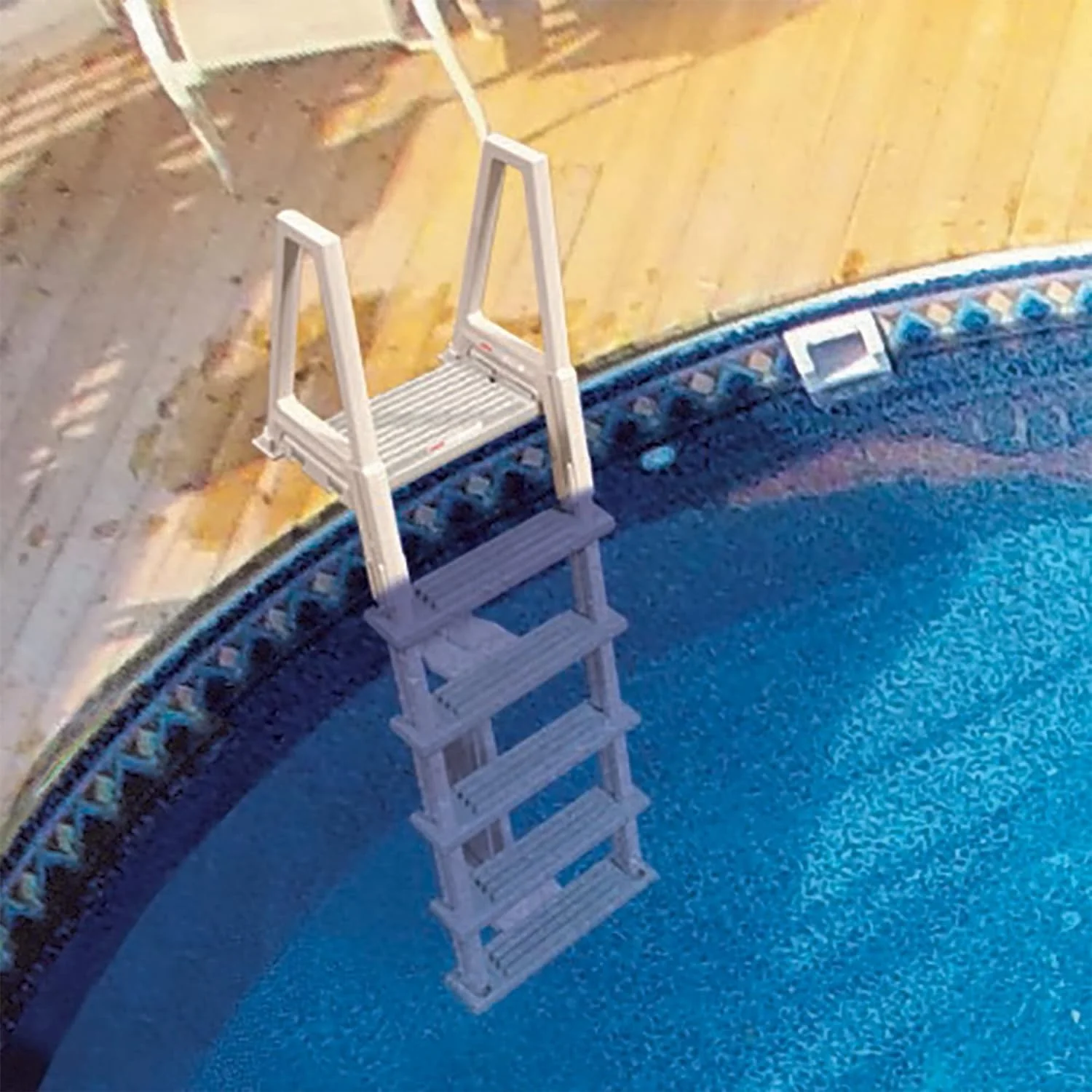 Heavy Duty Adjustable Above Ground In Pool Swimming Pool Ladder With Deck Platform, White Side Rails, And Grey Treads, Blue