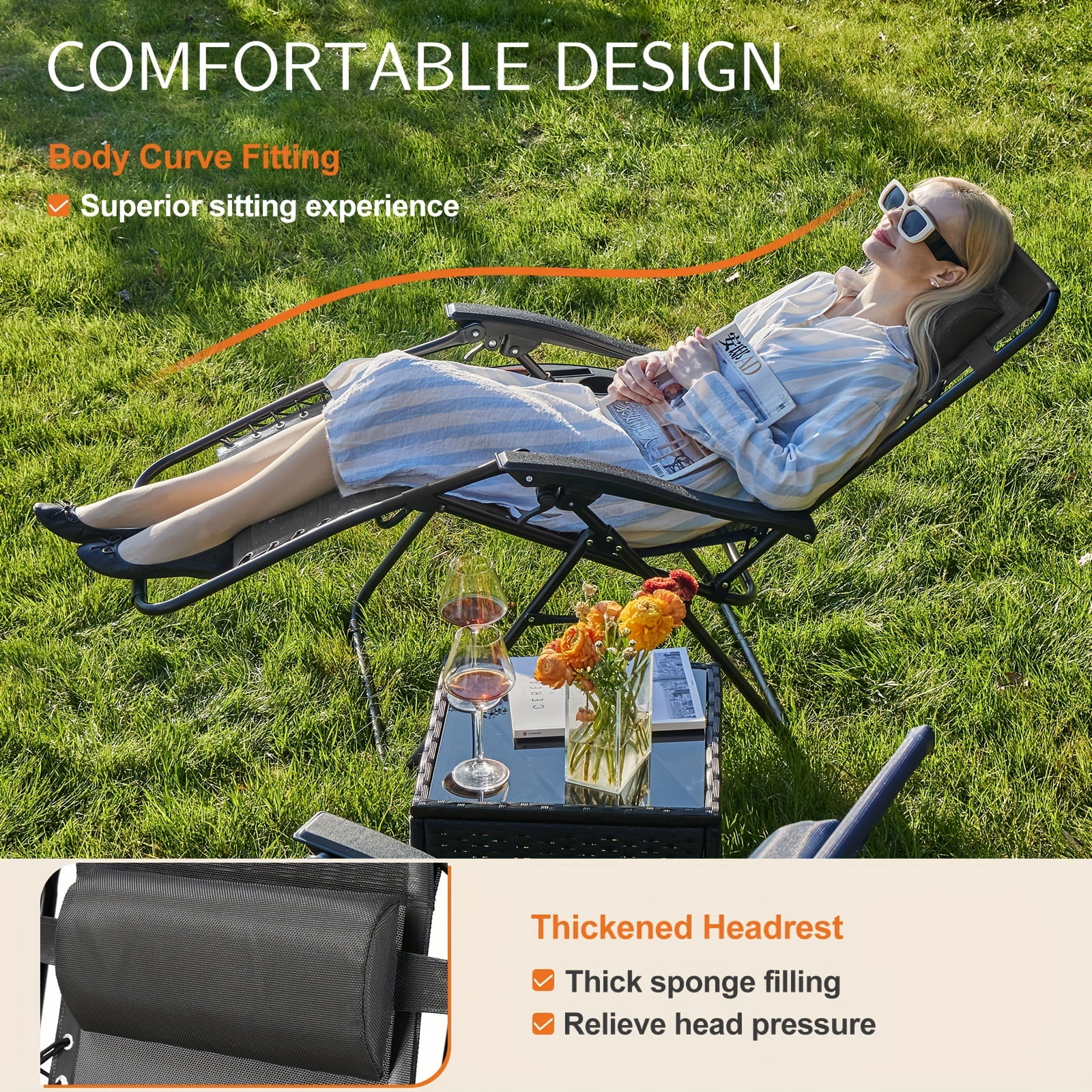 Zero  Gravity Lounge Chairs Set Of 2, Portable Folding Recliner Beach Camping Patio Outdoor Chair With Cup Holder Trays And Adjustable Pillow For Pool, Backyard, Lawn