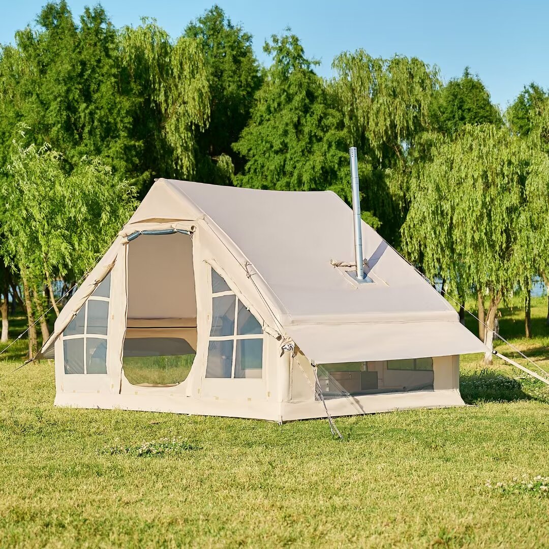 Docred Inflatable Glamping Tent with Pump, 4-6 Person Extra Large Inflatable House Tents ,Glamping Tents Sun Shelter with Mesh & Chimney Window