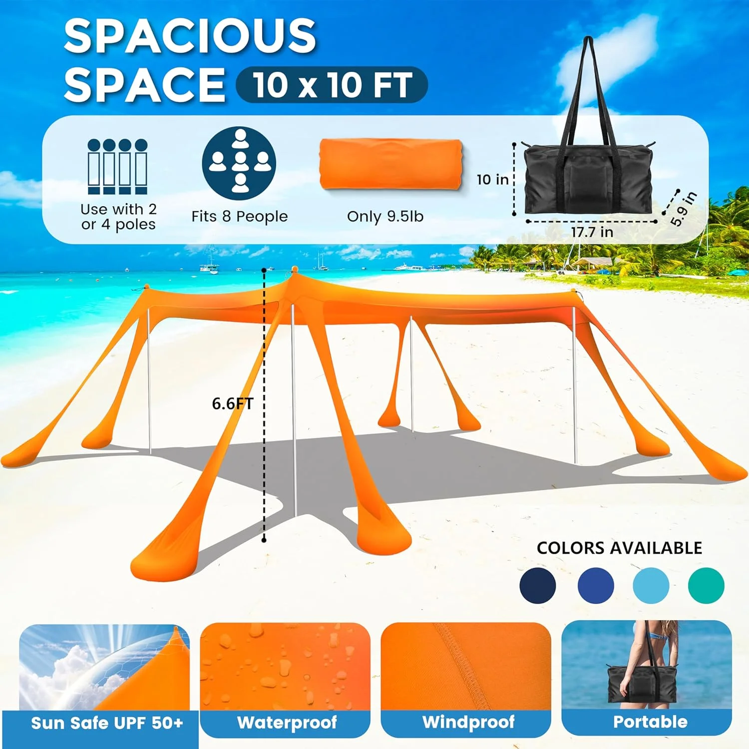 Beach Canopy Beach Tent Pop Up Shade 10x10ft Sun Shelter UPF50+ with 8 Sandbags-2 Sand Shovel-4 Aluminum Poles-Ground Pegs-Portable Carrying Bag for Outdoor Family Camping Fishing Yard Picnic