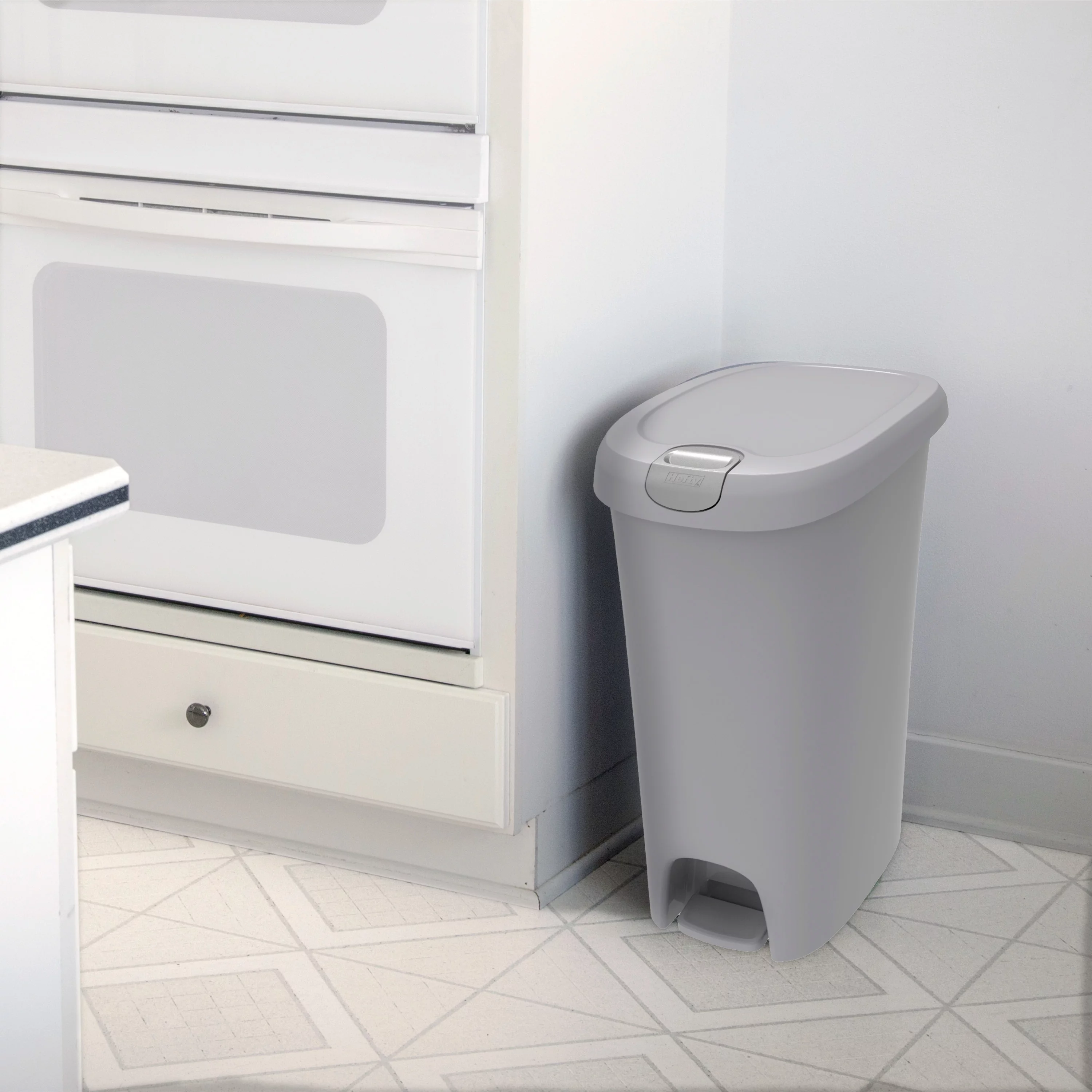 Hefty 12 Gallon Trash Can, Plastic Slim Lockable Step On Kitchen Trash Can, Gray