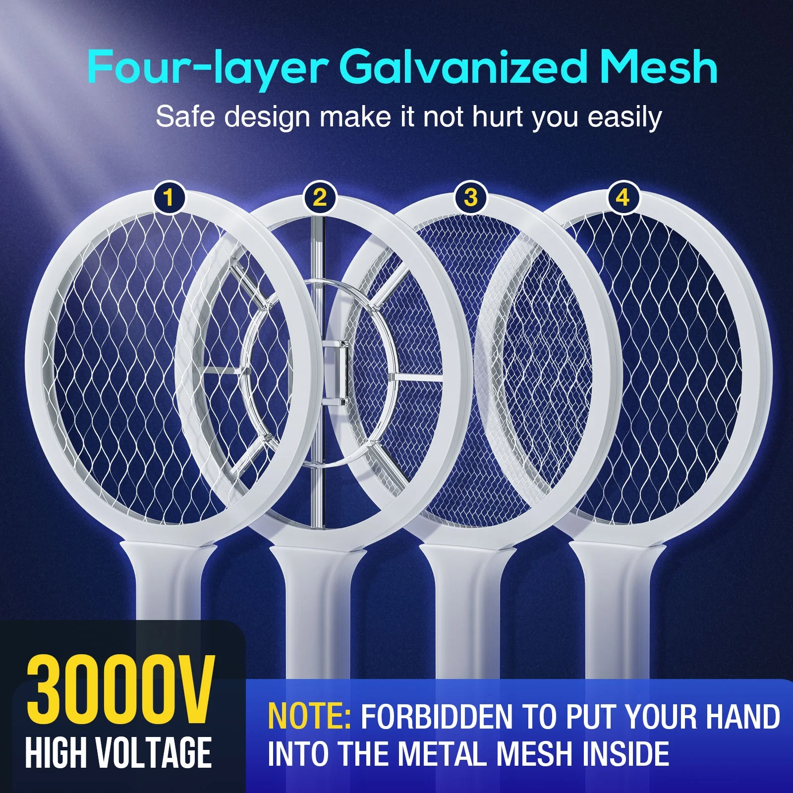 Electric Fly Swatter 3000V Bug Zapper Racket 2 in 1 Fly Swatter with 1200mAh Battery Rechargeable Mosquito Killer Lamp with 3 Layers Safety Mesh for Indoor and Outdoor