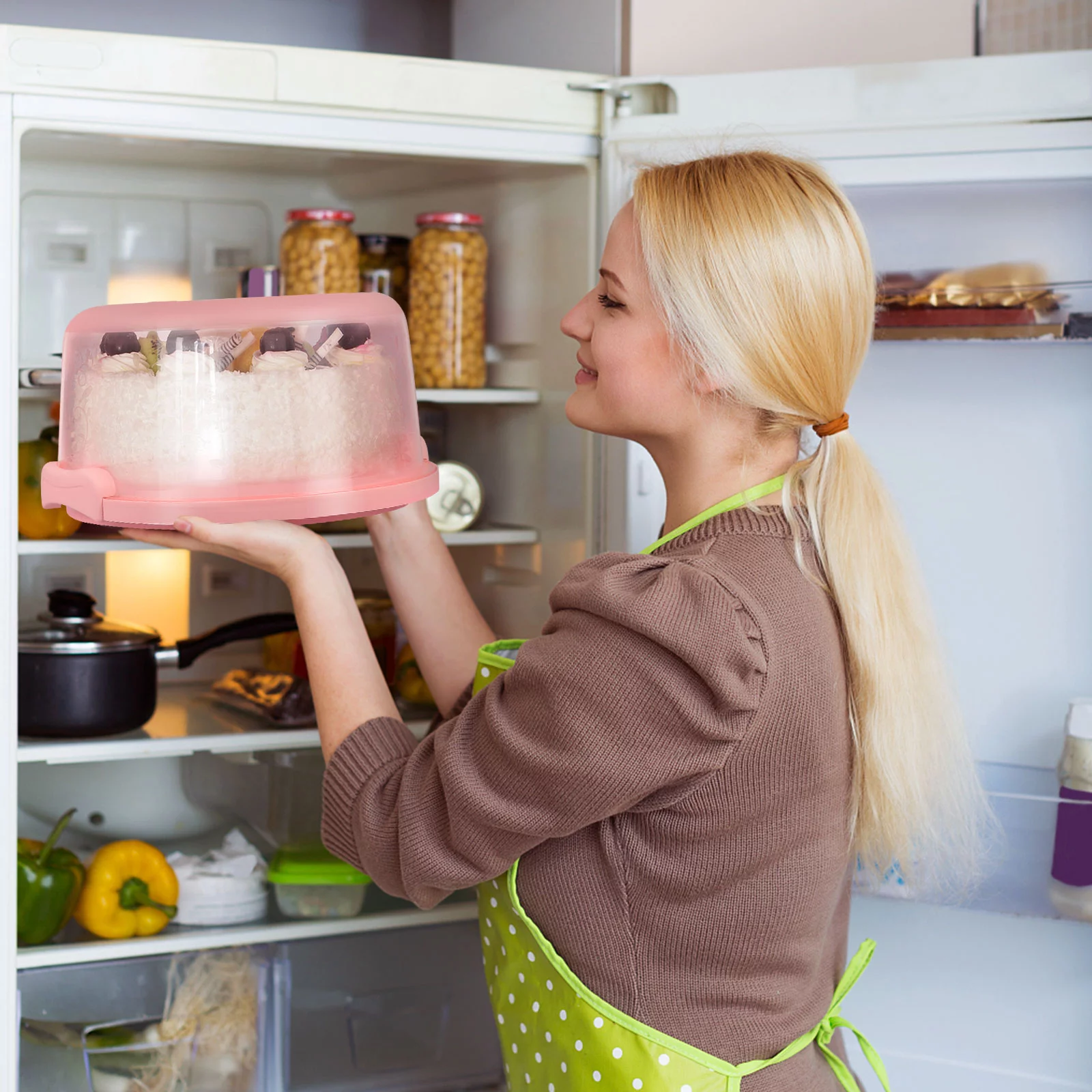 Hemoton Round Cake Carrier with Handle Portable Handy Cupcake Holder Tray Pie Saver Fresh Keeping Food Cover Box for Cakes Cookie