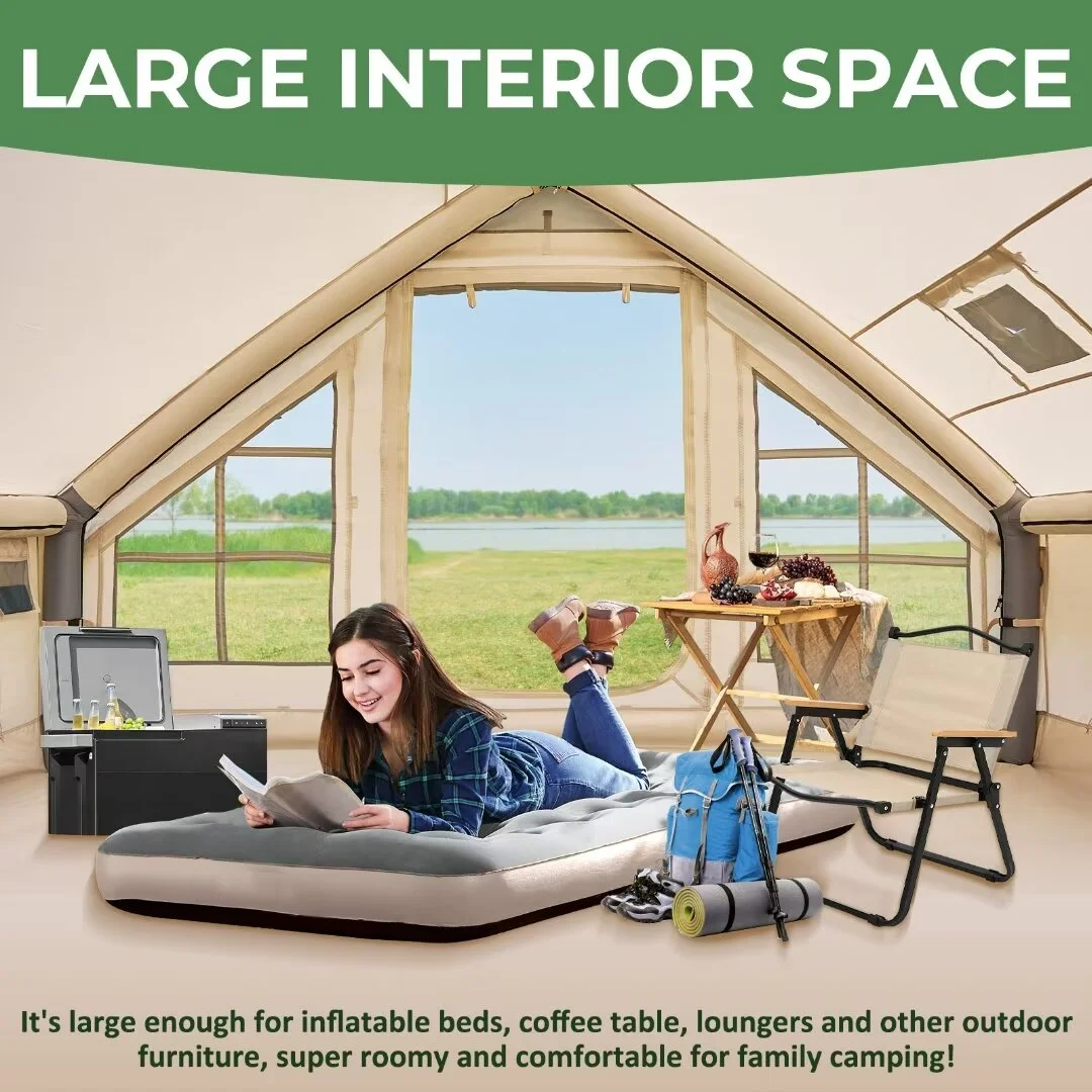 Docred Inflatable Glamping Tent with Pump, 4-6 Person Extra Large Inflatable House Tents ,Glamping Tents Sun Shelter with Mesh & Chimney Window