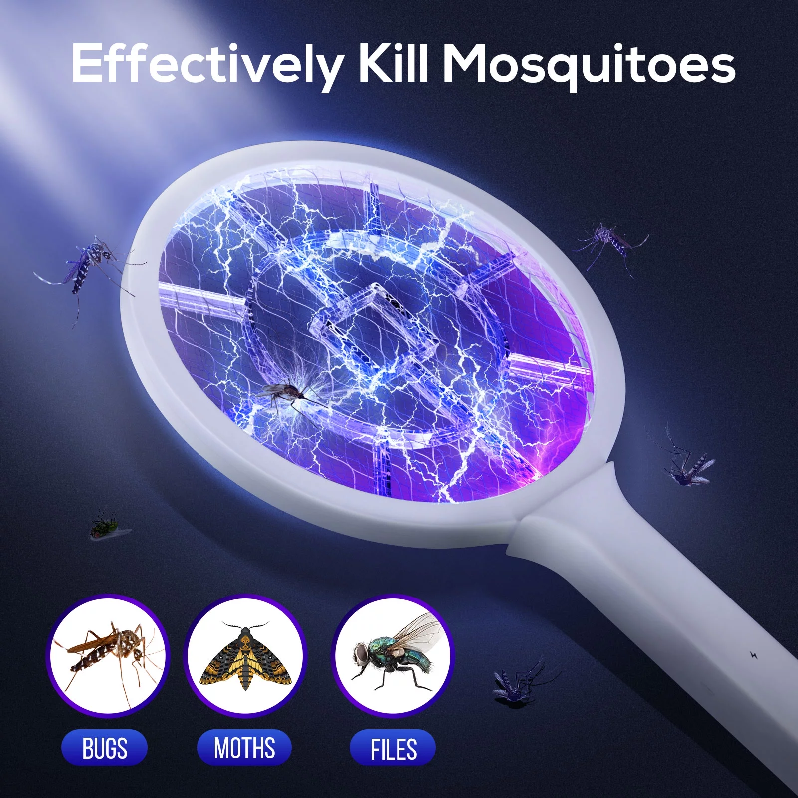 Electric Fly Swatter 3000V Bug Zapper Racket 2 in 1 Fly Swatter with 1200mAh Battery Rechargeable Mosquito Killer Lamp with 3 Layers Safety Mesh for Indoor and Outdoor