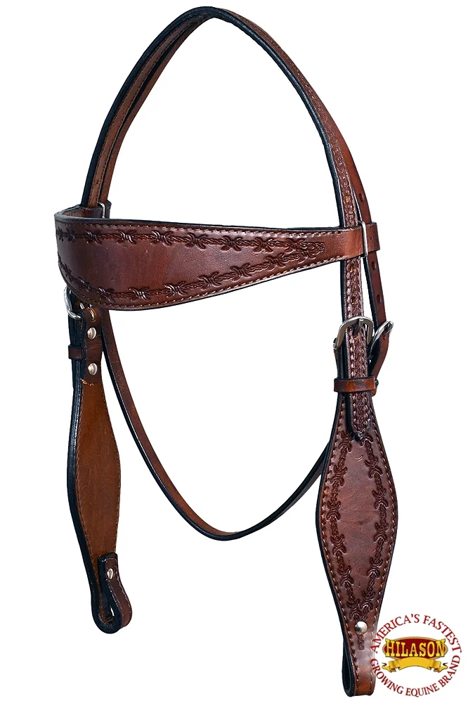 HILASON Western Horse Headstall Breast Collar Set Tack Genuine American Leather Barb Wire Dark Brown