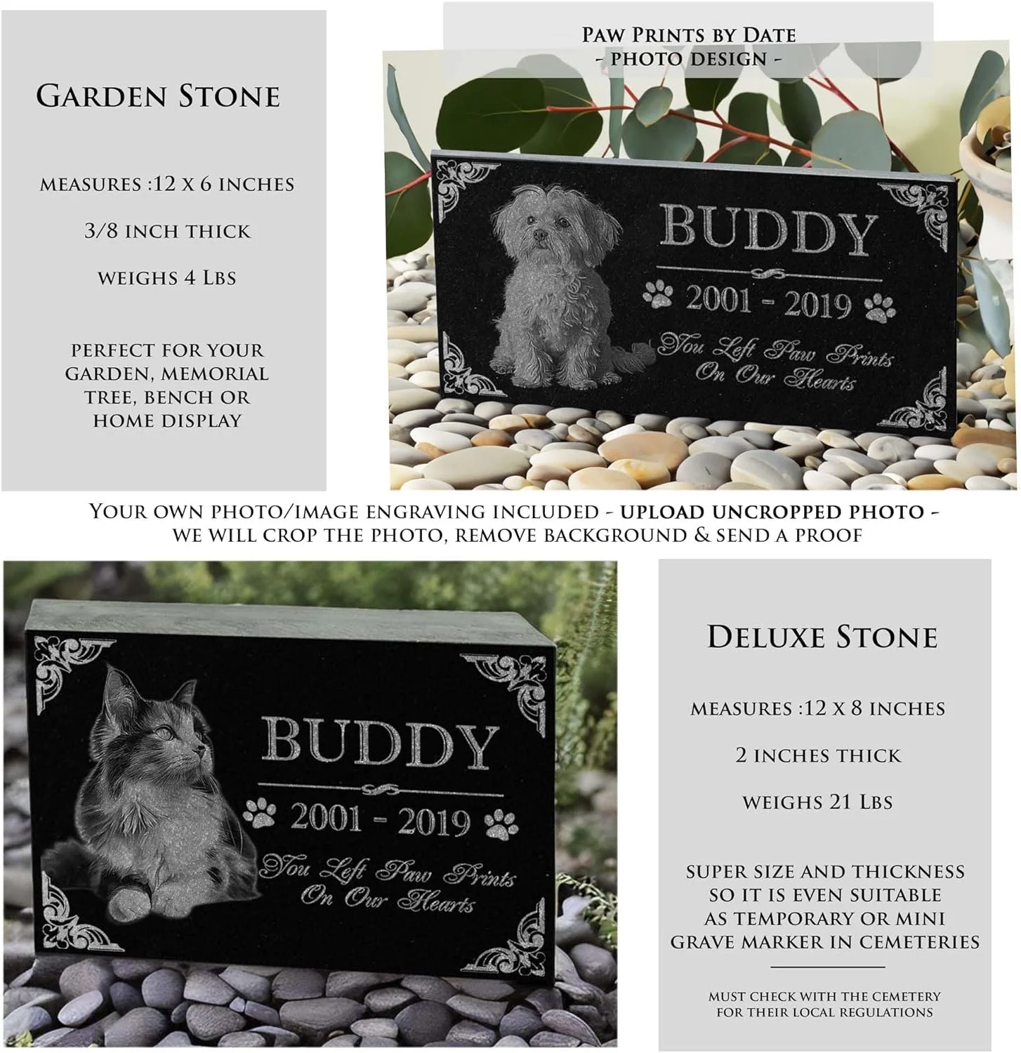 You Left Paw Prints on Our Hearts Pet Memorial Stones Personalized Headstone Grave Marker Absolute Black Granite Garden Plaque Engraved with Dog Cat Name Dates