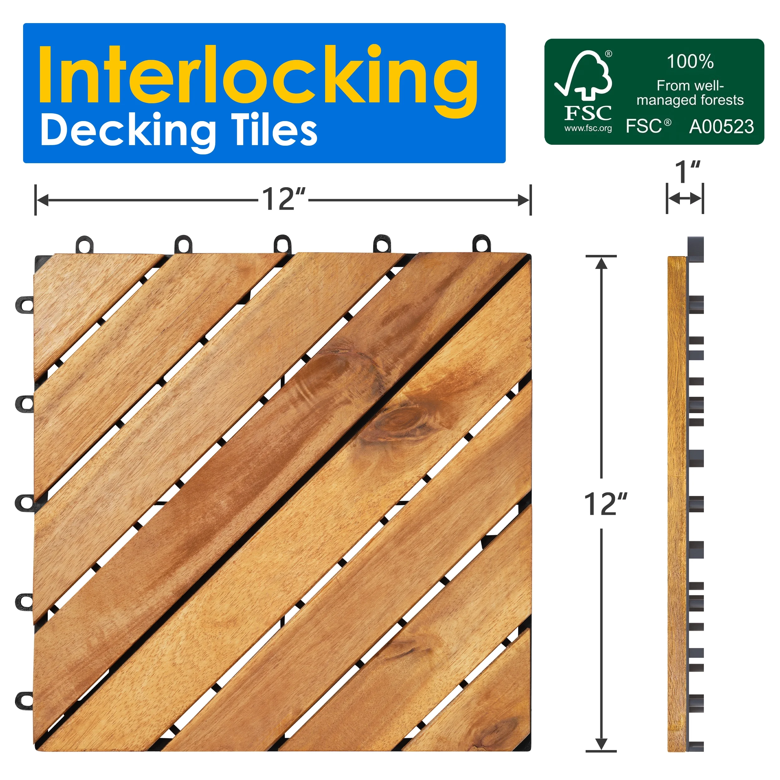 TrumanPick 9pcs Interlocking Wood Flooring Acacia Diagonal Deck Tiles for Patio, 12