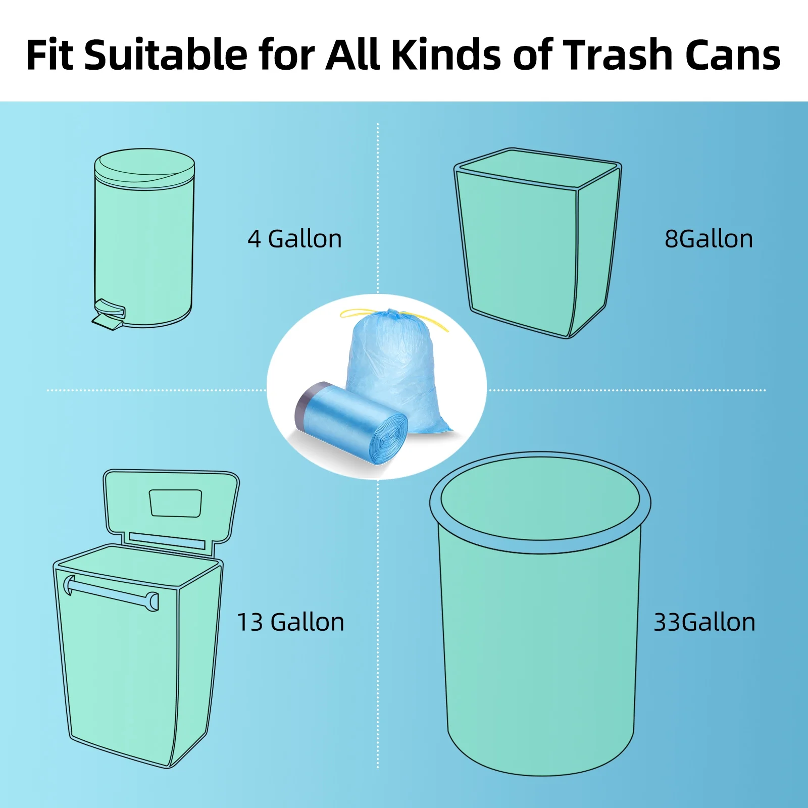 WVacFre 4Gallon 100 Counts Black Garbage Bags Kitchen Drawstring Trash Bags Small Size 45X50CM