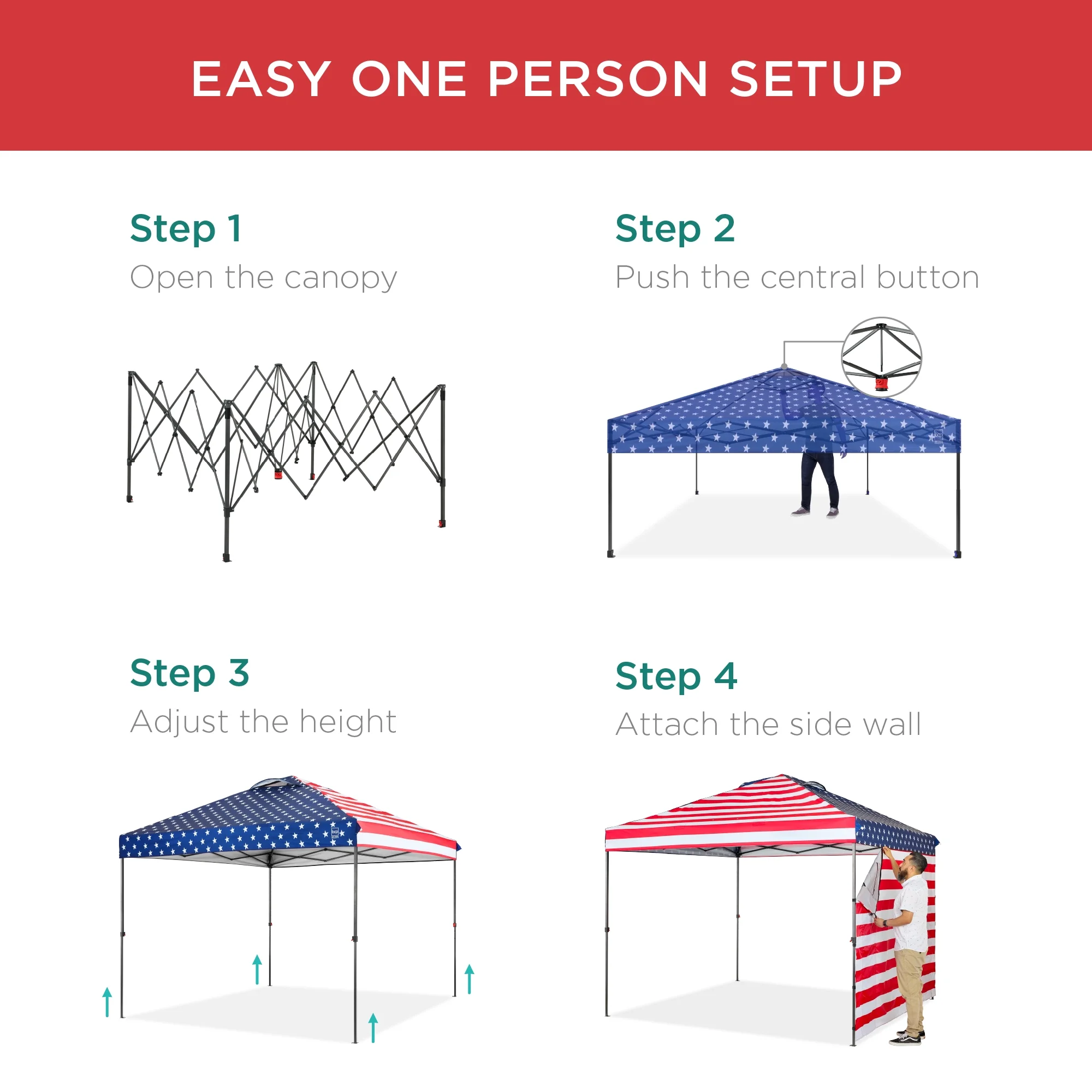 Best Choice Products 10x10ft Easy Setup Pop Up Canopy, Portable Tent w/ Side Wall, 1-Button Push, Case - American Flag