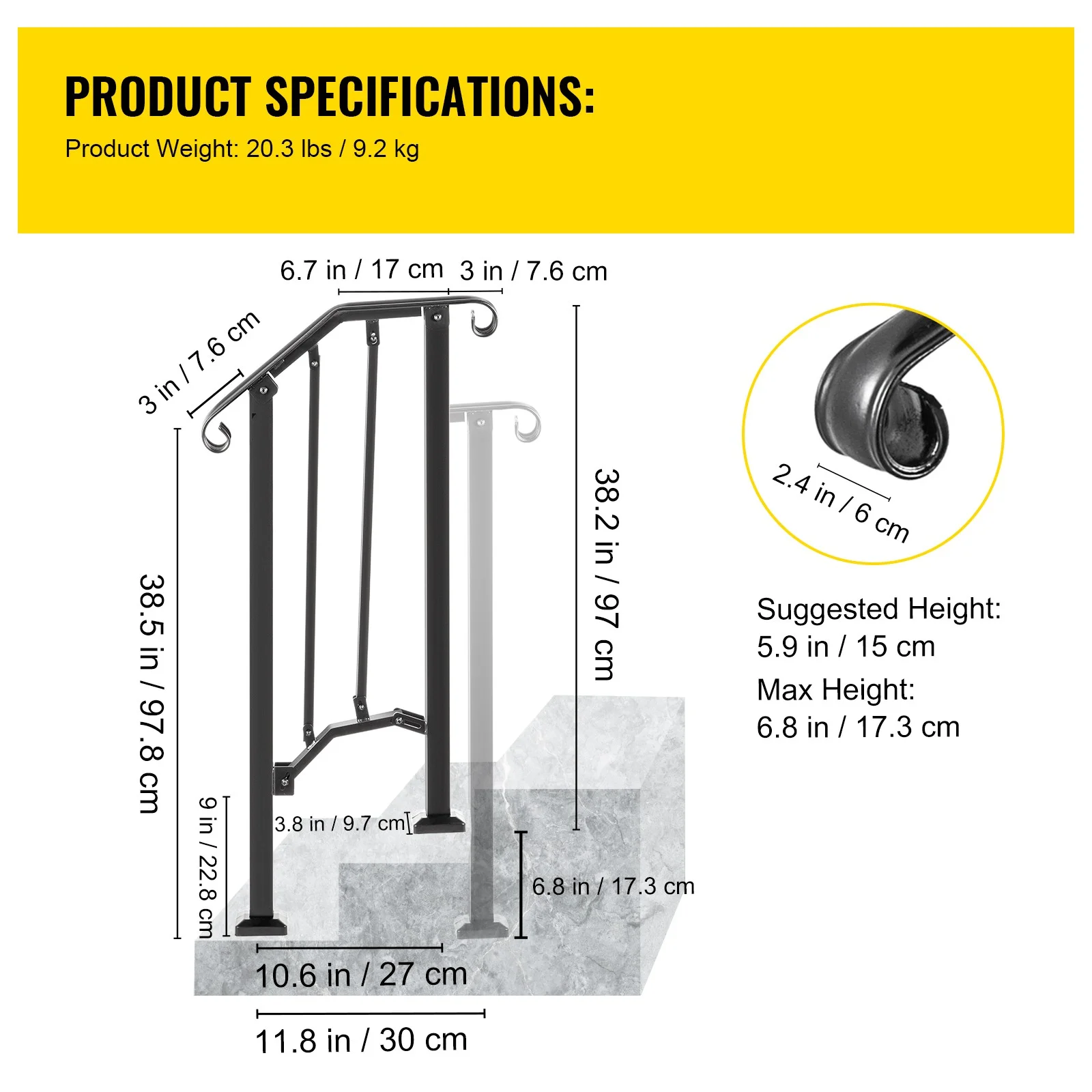 BENTISM Iron Handrail Picket Fits 1 or 2 Steps #1 RAILING Rail Paver Home Black