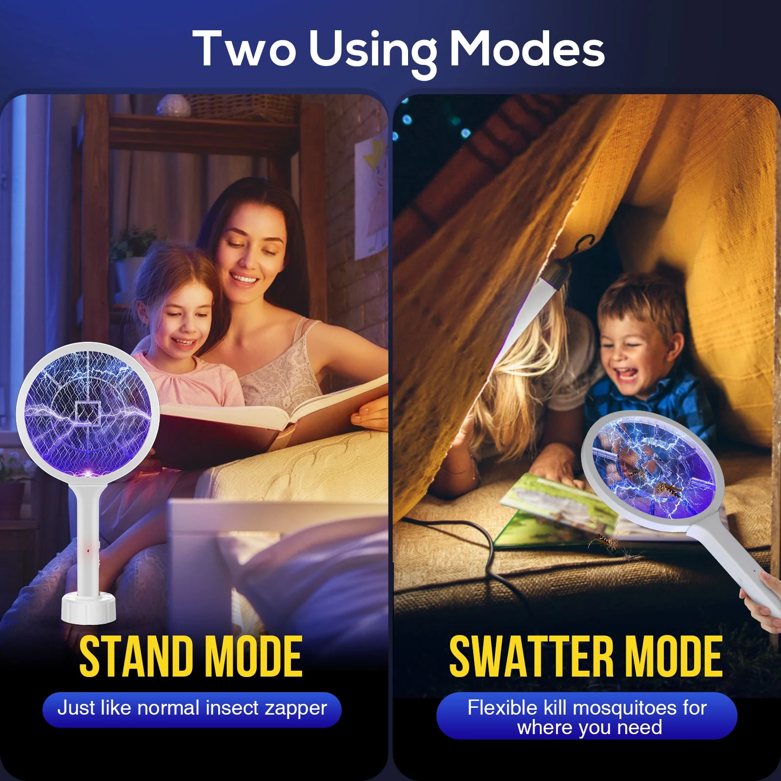 Electric Fly Swatter 3000V Bug Zapper Racket 2 in 1 Fly Swatter with 1200mAh Battery Rechargeable Mosquito Killer Lamp with 3 Layers Safety Mesh for Indoor and Outdoor