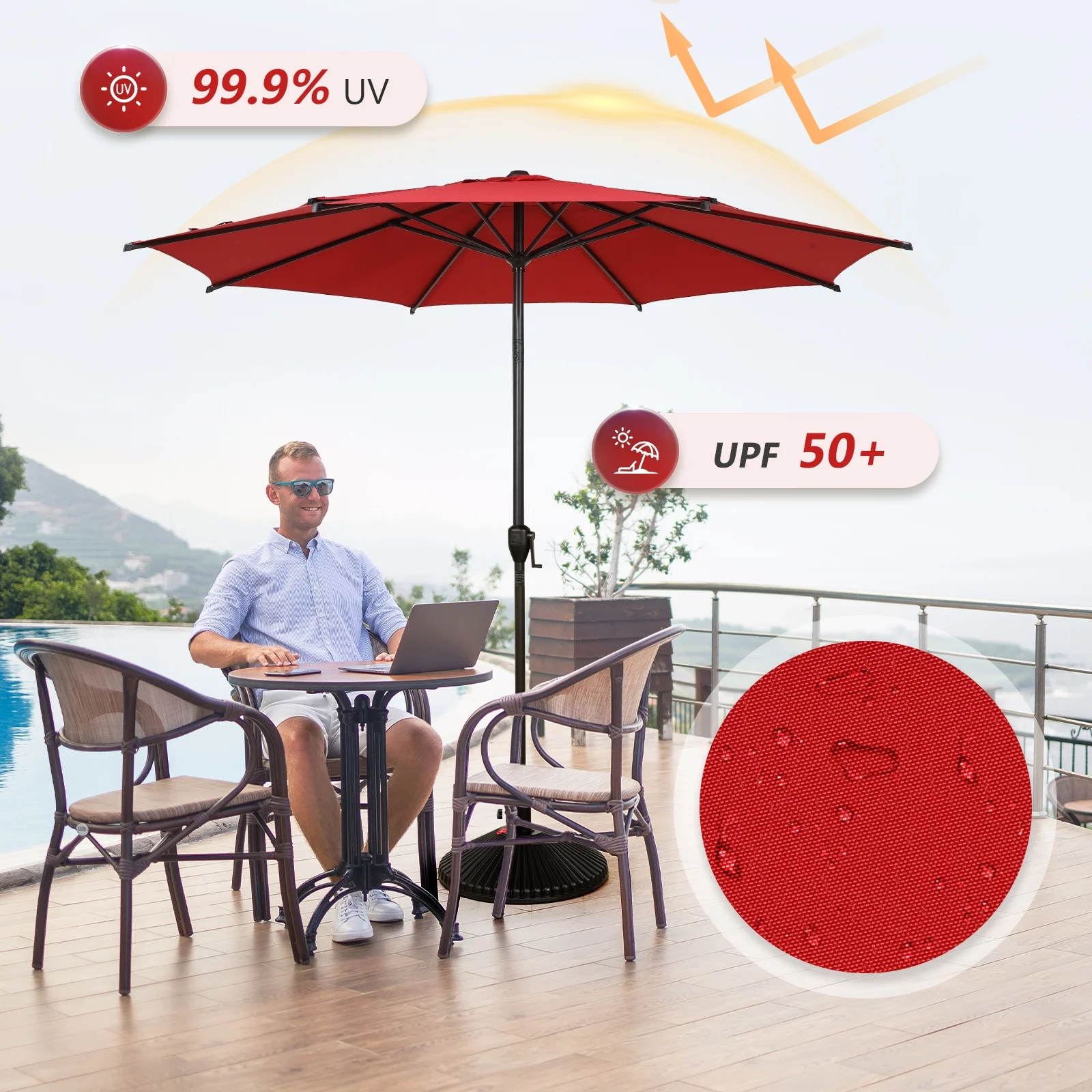 Abba Patio 9ft Round Lyon Outdoor Market Patio Umbrella,6 Ribs-Dark Red