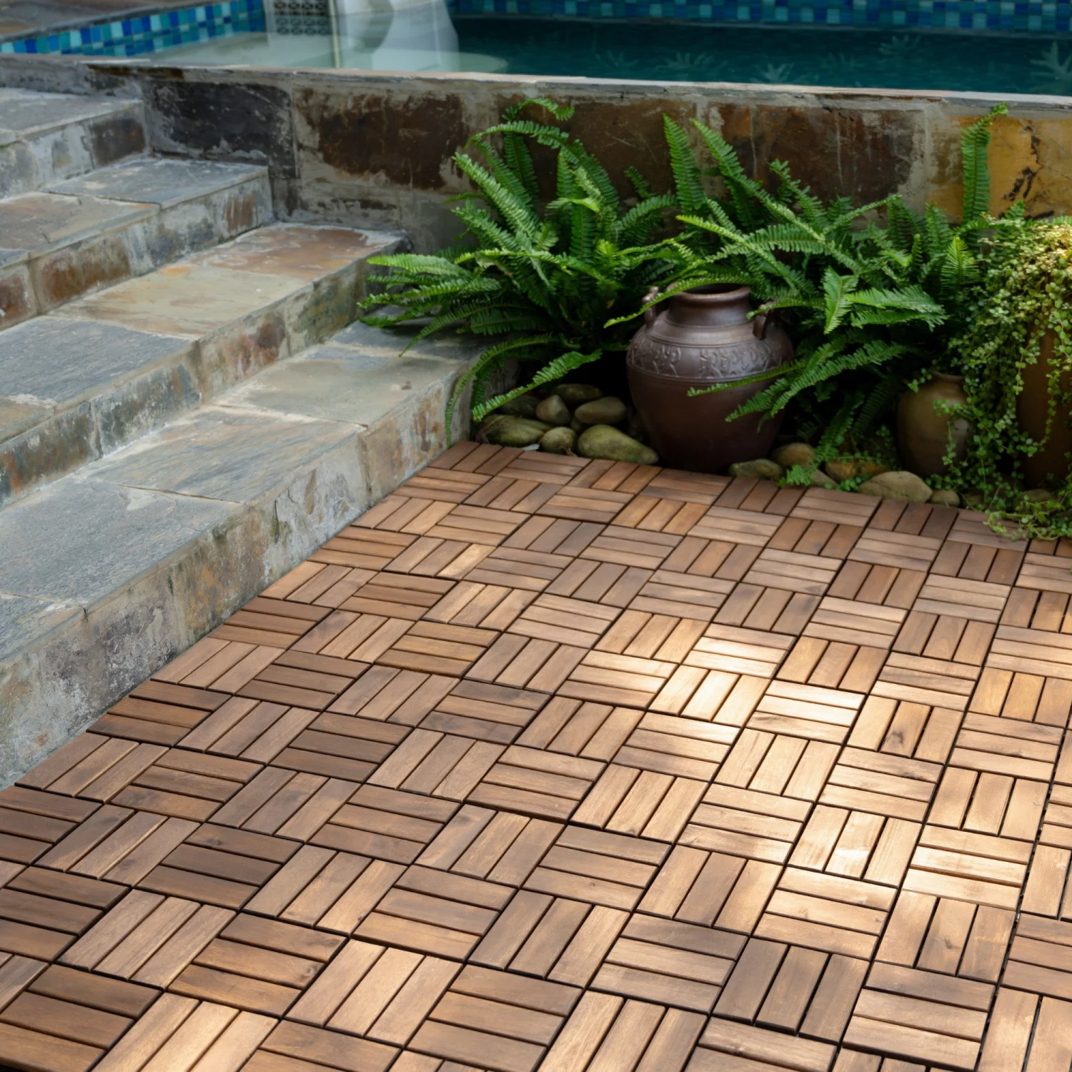 SUGIFT Patio Deck Tiles,Interlocking Flooring Tiles in Solid Acacia Wood Oiled Finish (Set of 10)