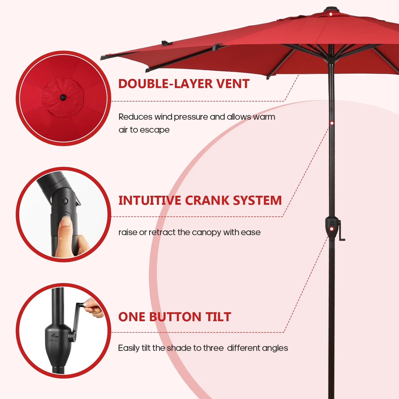 Abba Patio 9ft Round Lyon Outdoor Market Patio Umbrella,6 Ribs-Dark Red