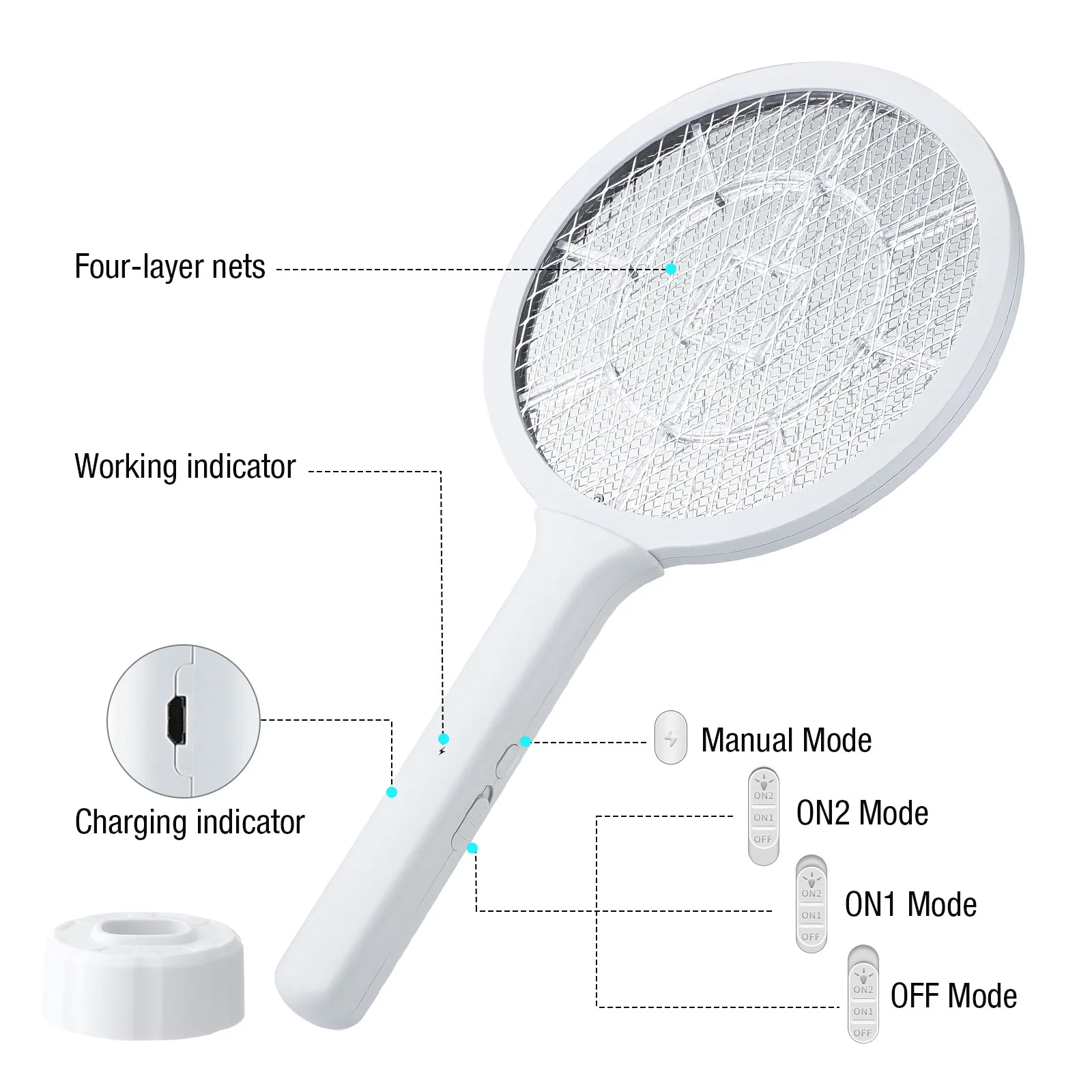 Electric Fly Swatter 3000V Bug Zapper Racket 2 in 1 Fly Swatter with 1200mAh Battery Rechargeable Mosquito Killer Lamp with 3 Layers Safety Mesh for Indoor and Outdoor
